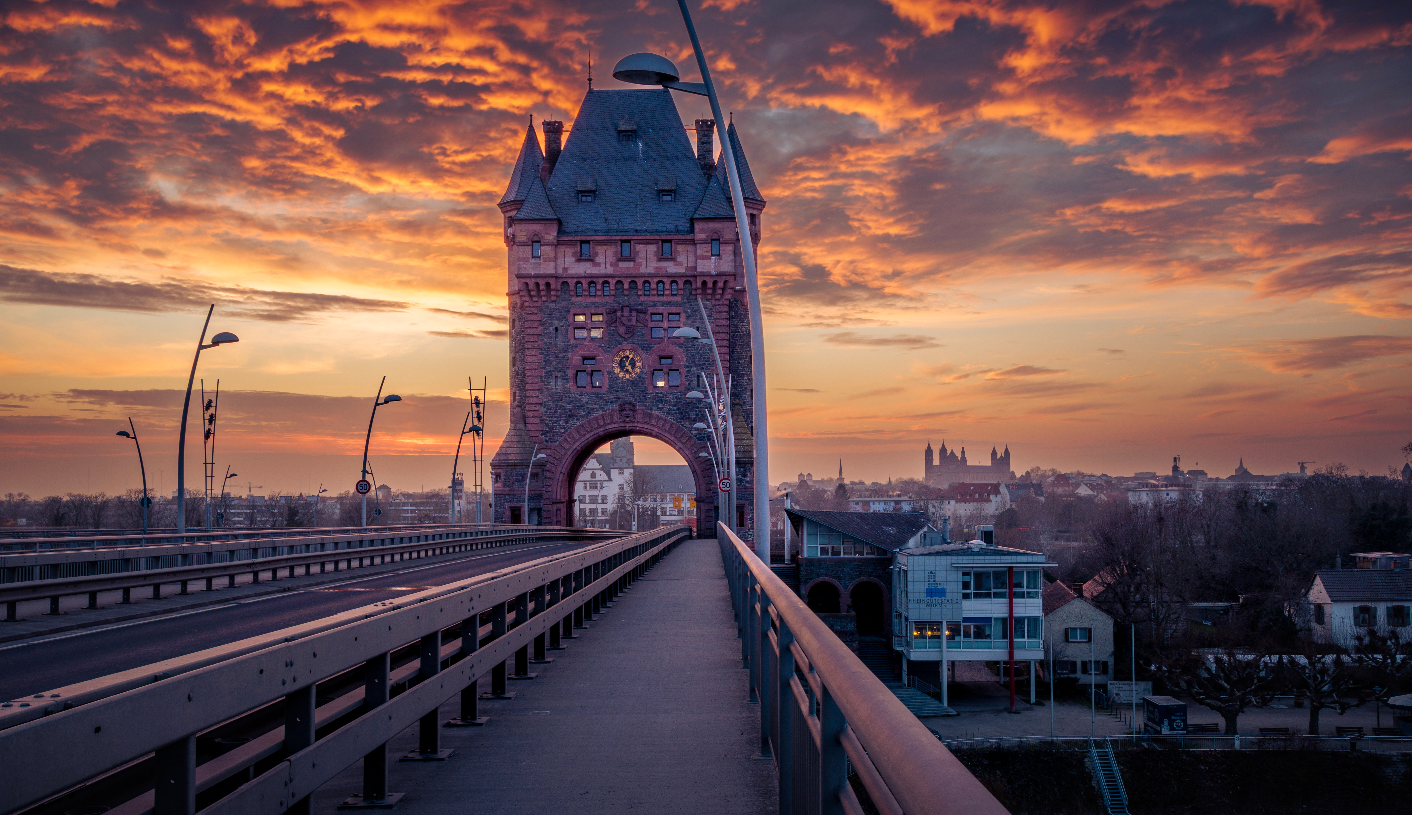 Nibelungen Bridge and Tower in Worms at Sunset HD Wallpaper