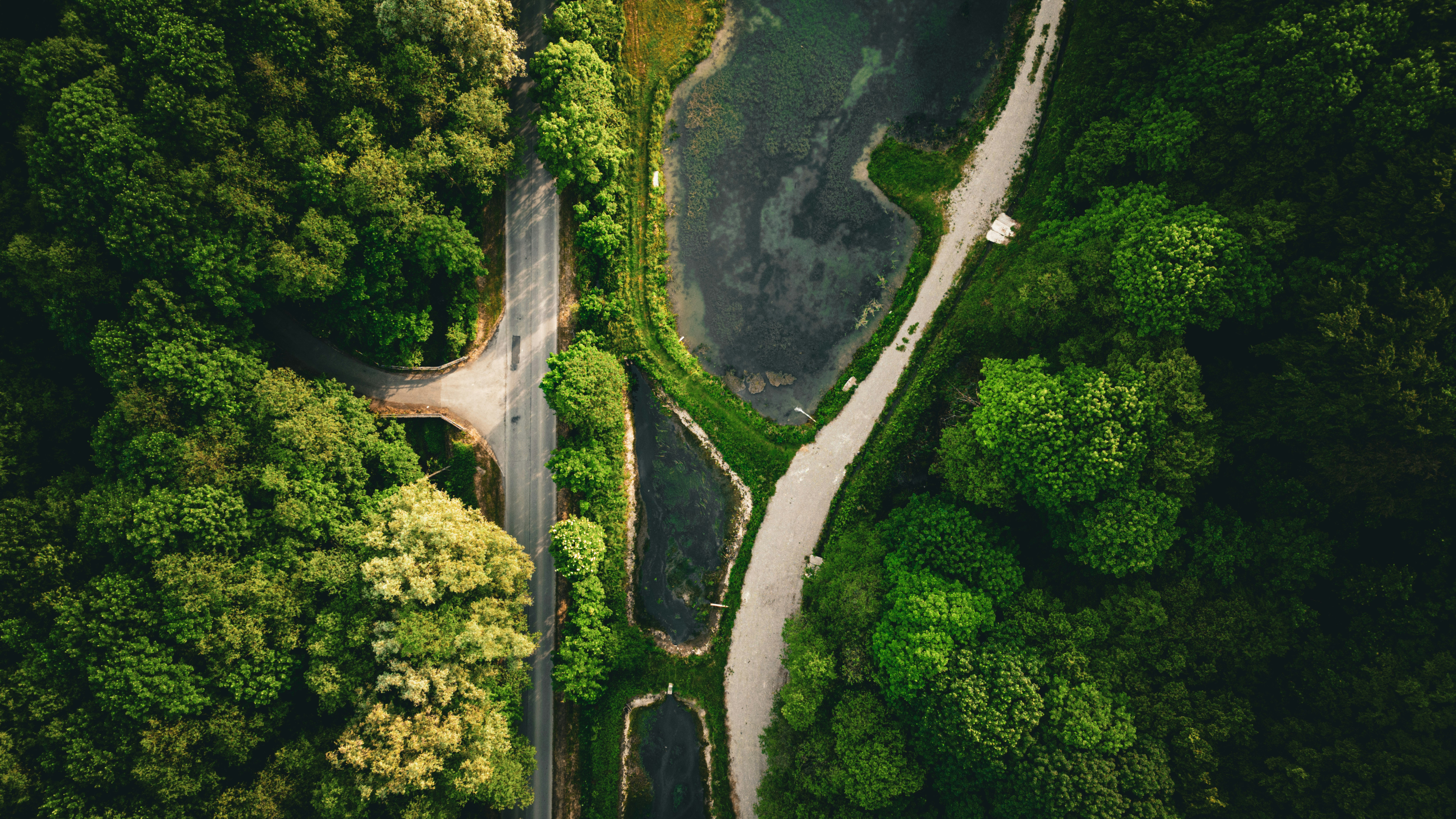 Aerial View of Winding Roads and Forest Pond HD Wallpaper