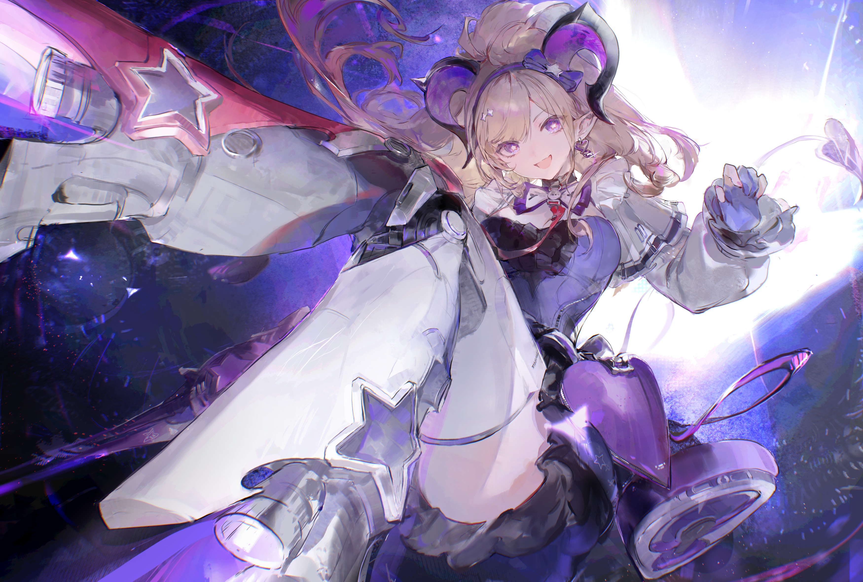 Anime Girl with Horns and Mechanical Leg Armor HD Wallpaper