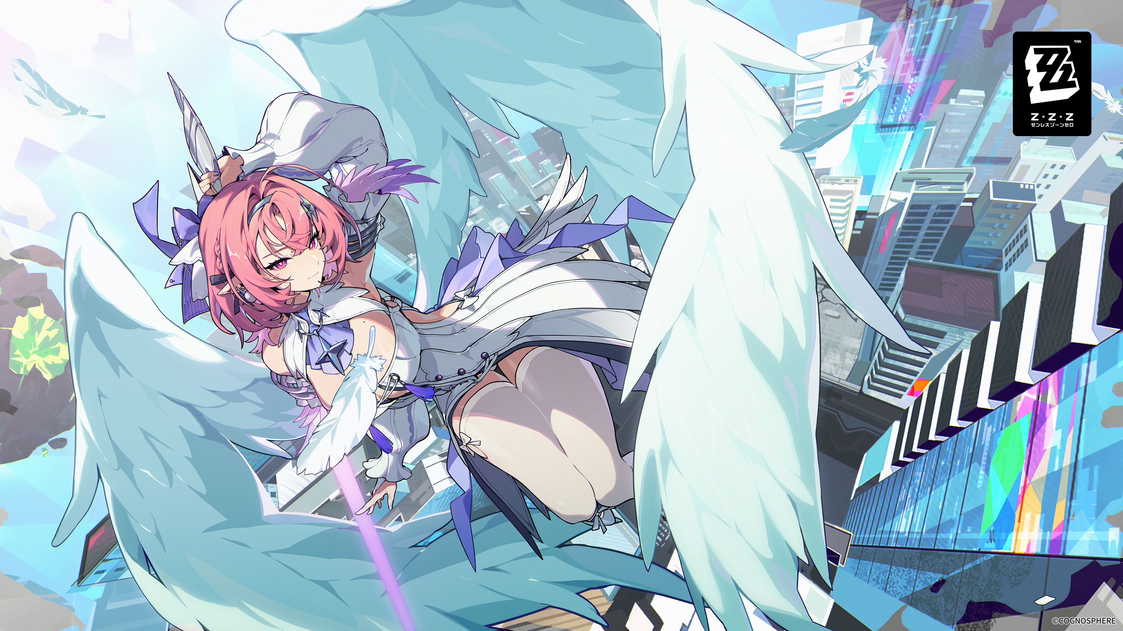 Elysia from Honkai Impact 3rd Flying Over City HD Wallpaper