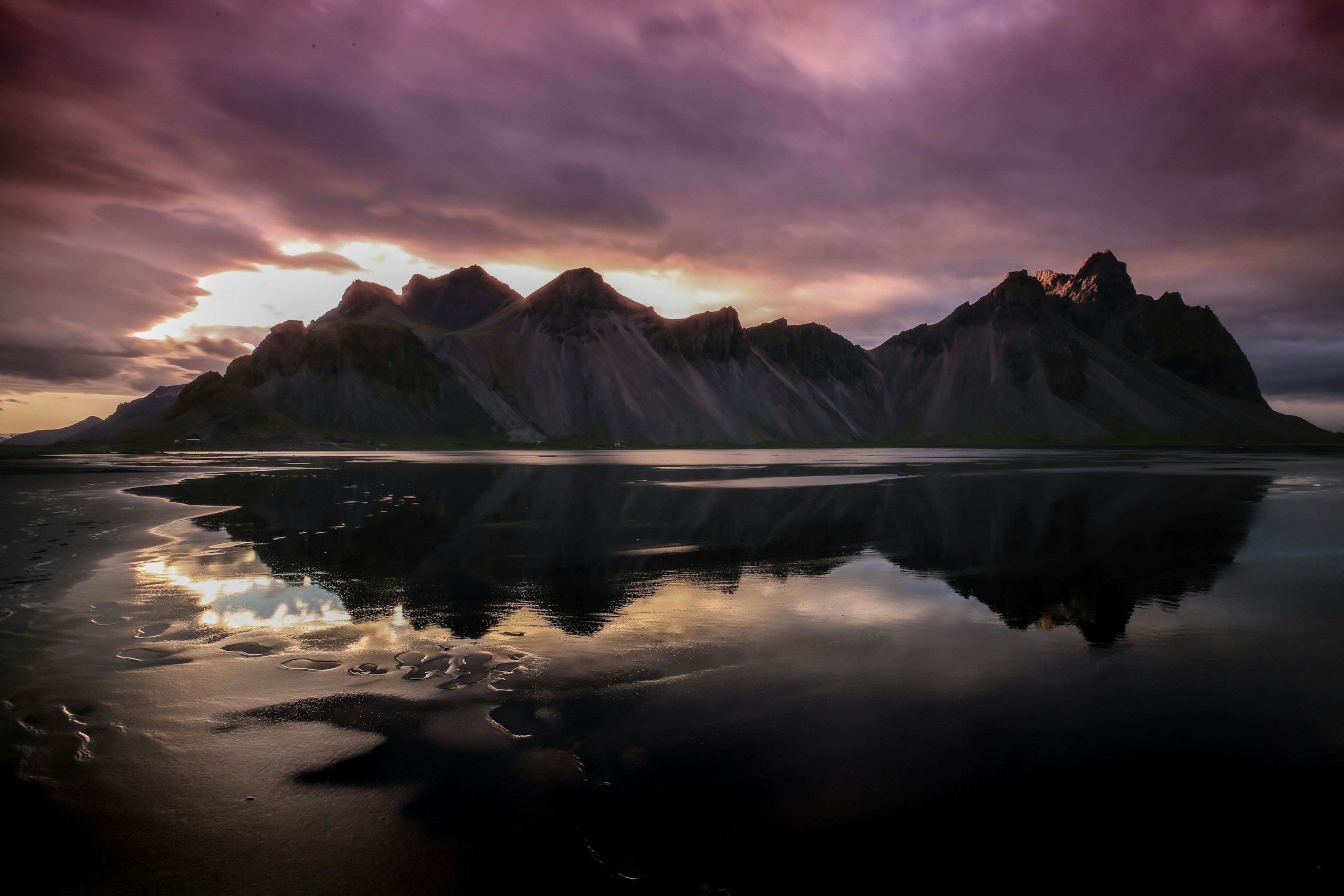 Vestrahorn Mountain Reflection on Black Sand Beach in Iceland HD Wallpaper