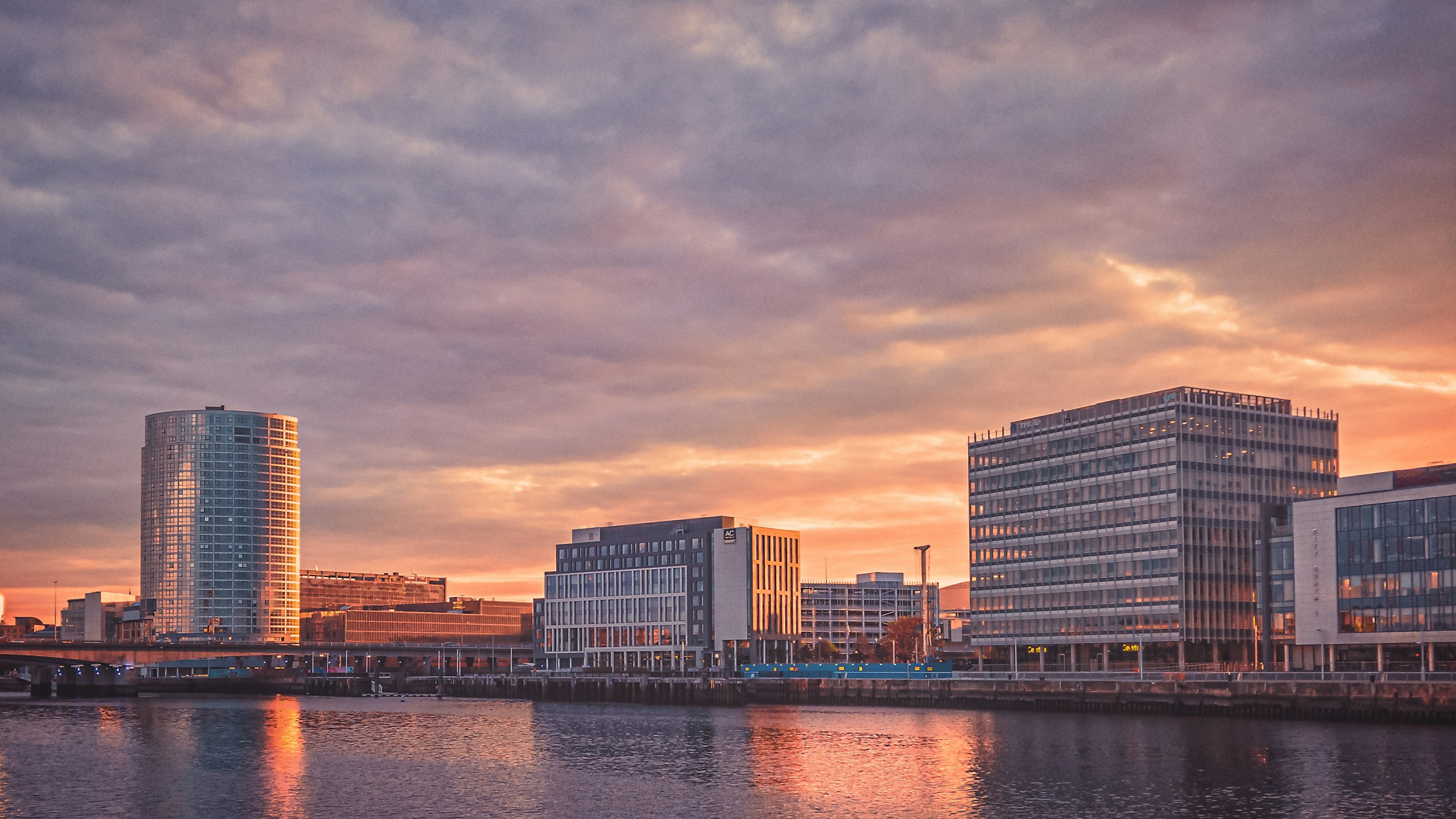 Belfast city skyline across River Lagan at sunset HD Wallpaper