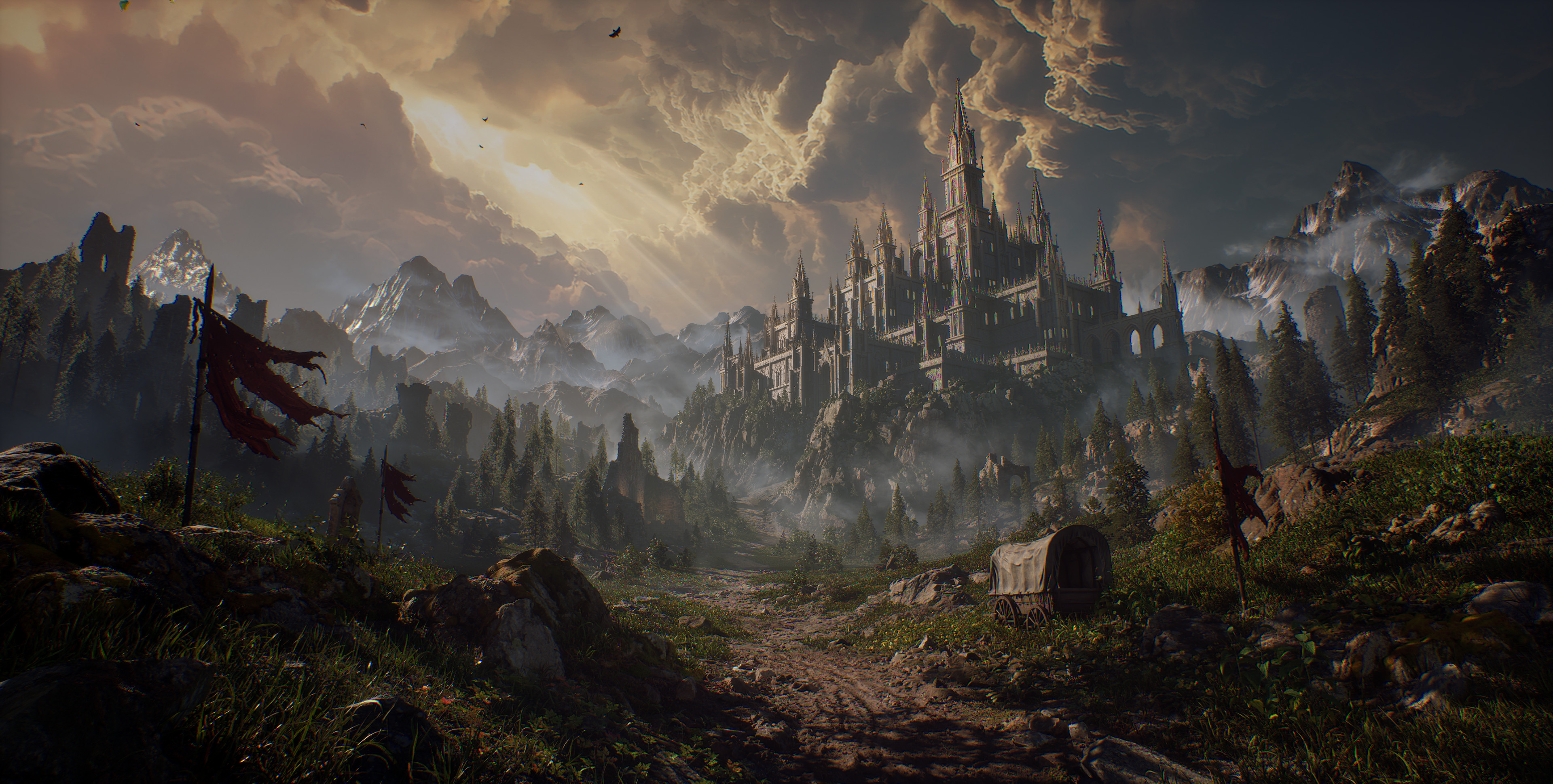 Gothic Castle in a Dark Fantasy Mountain Landscape HD Wallpaper