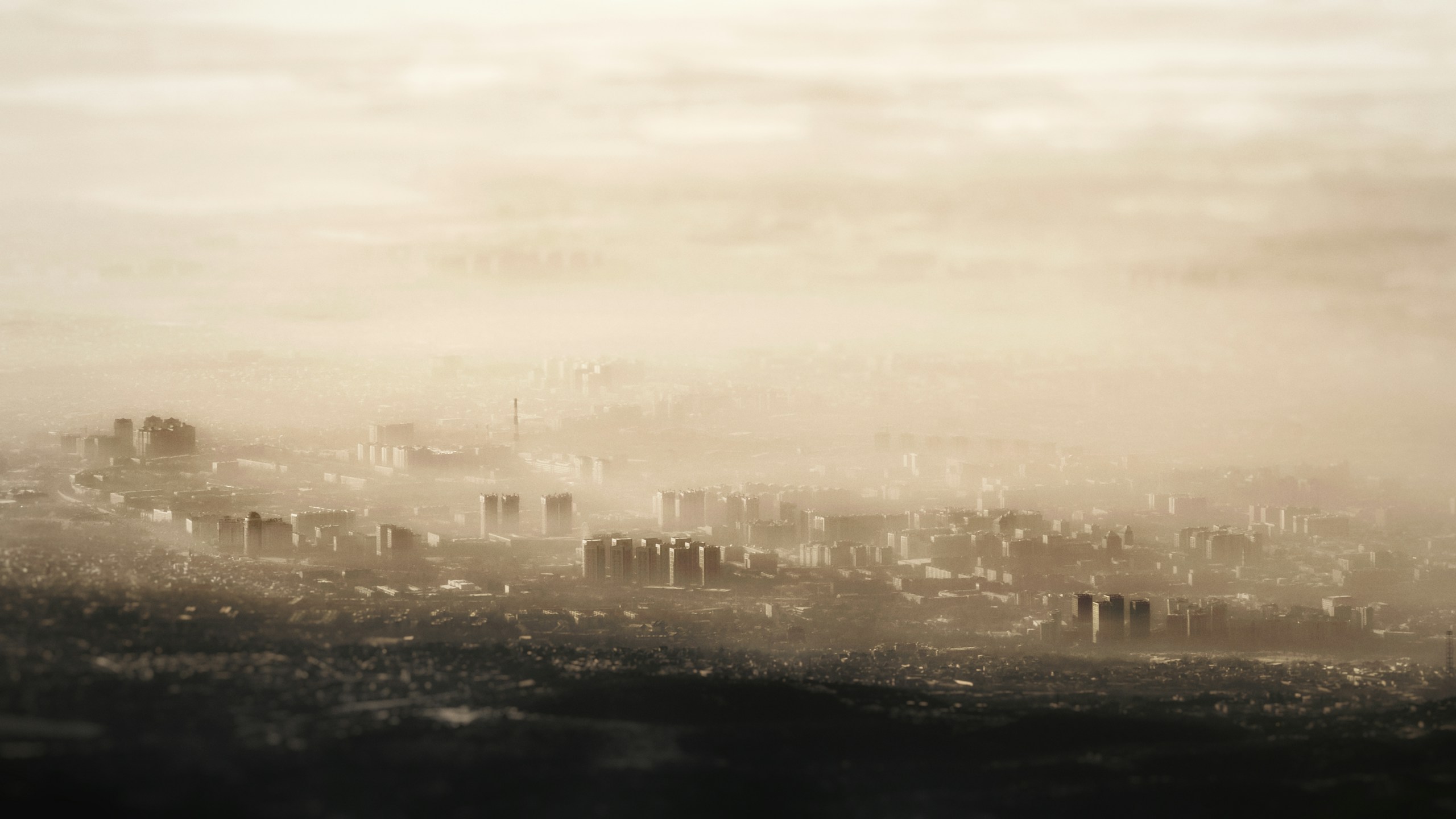 Hazy city skyline shrouded in thick fog HD Wallpaper