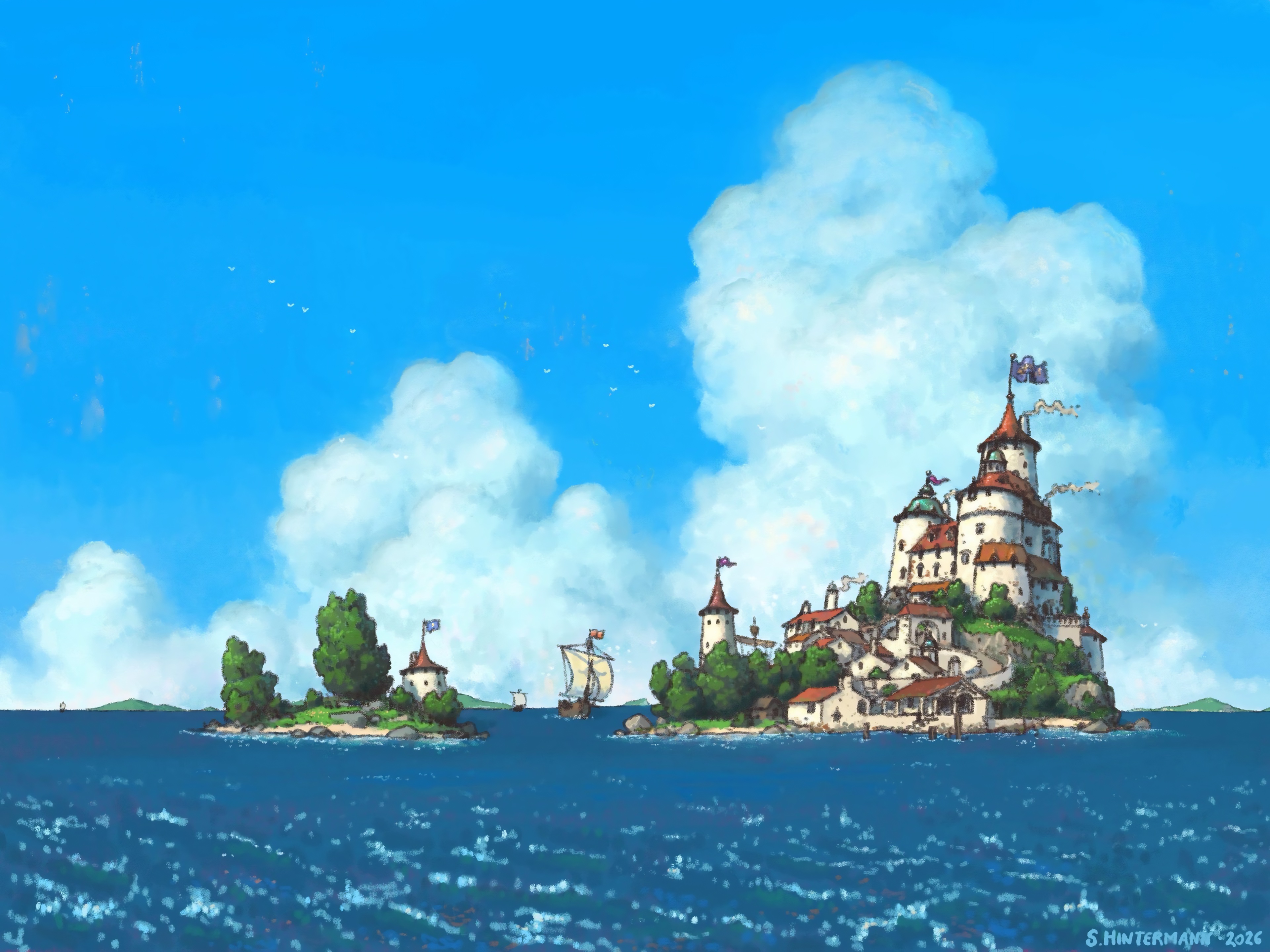 Fantasy Island Castle and Sailboat Painting HD Wallpaper