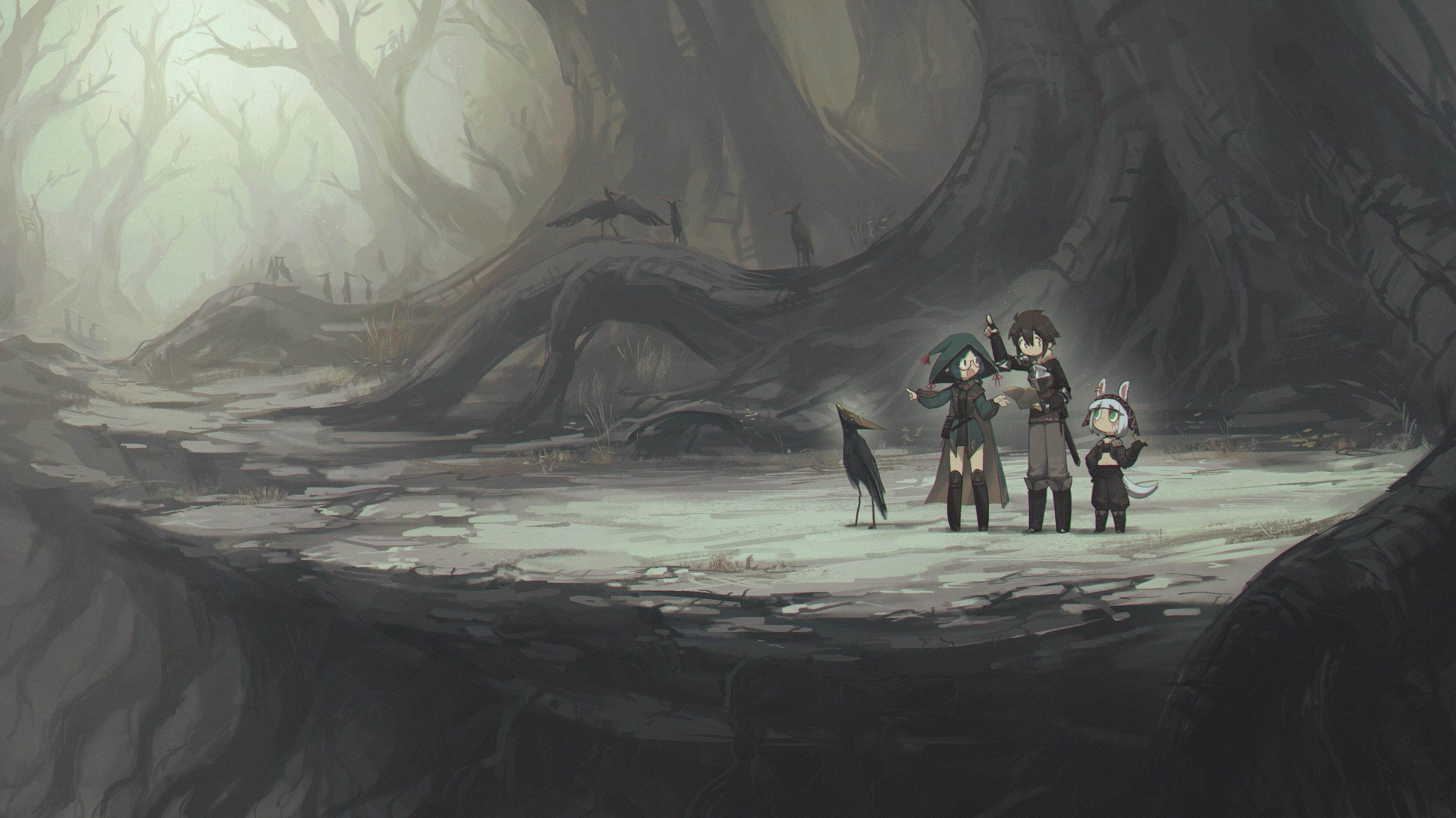 Fantasy adventurers exploring a dark misty forest by Porforever HD Wallpaper