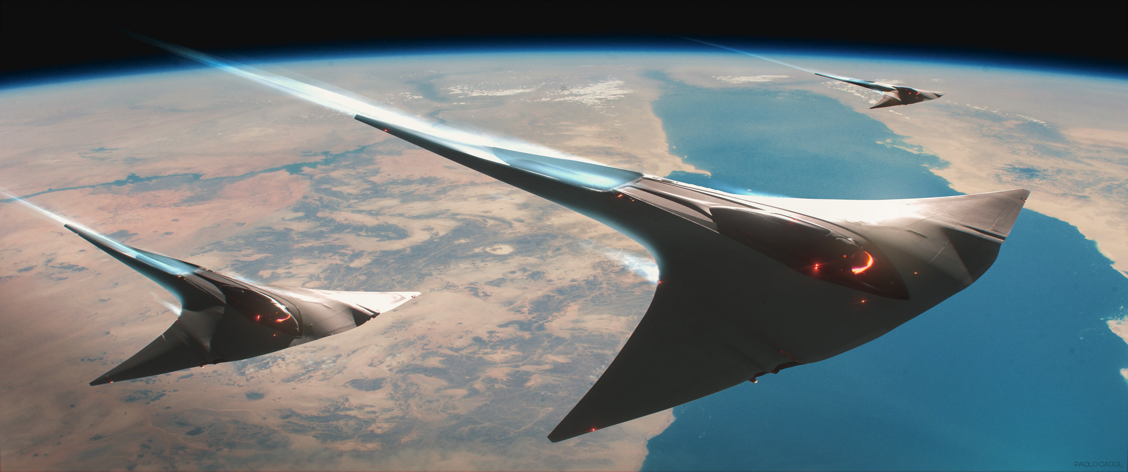 Futuristic manta ray spacecraft flying above Earth HD Wallpaper