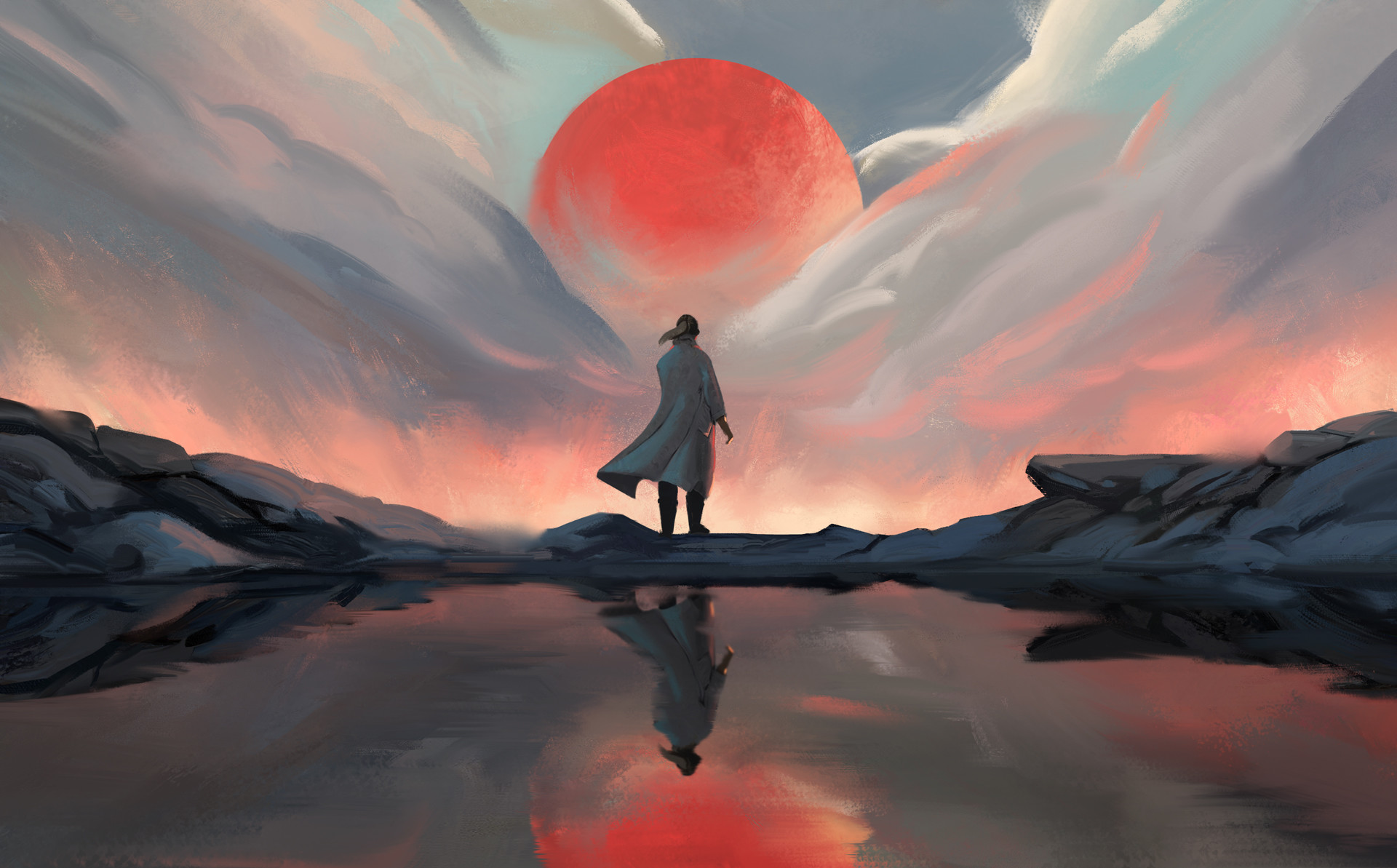 Digital painting of a figure watching a giant red sun HD Wallpaper
