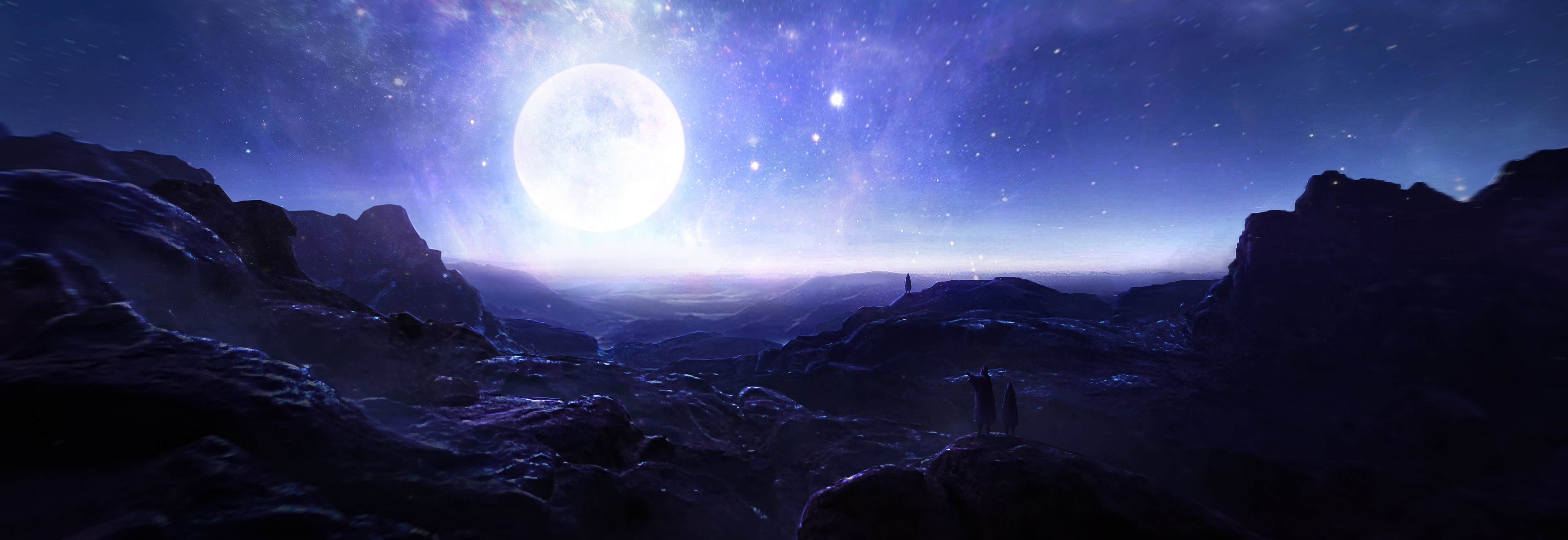 Tiny figures gazing at a massive full moon HD Wallpaper