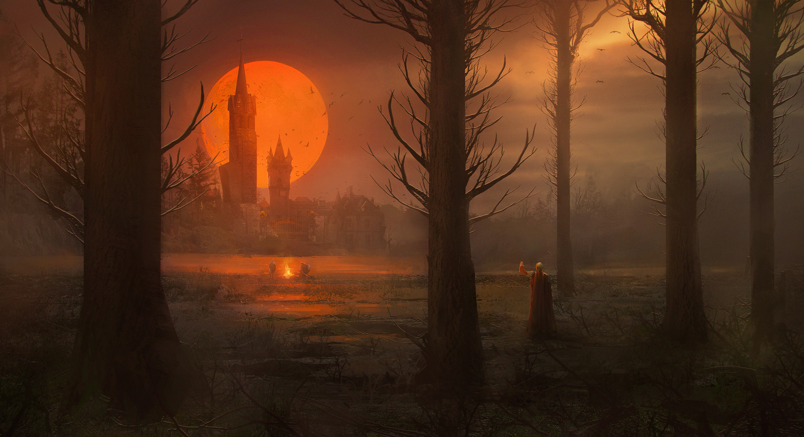 Dark fantasy landscape with castle and giant red sun HD Wallpaper