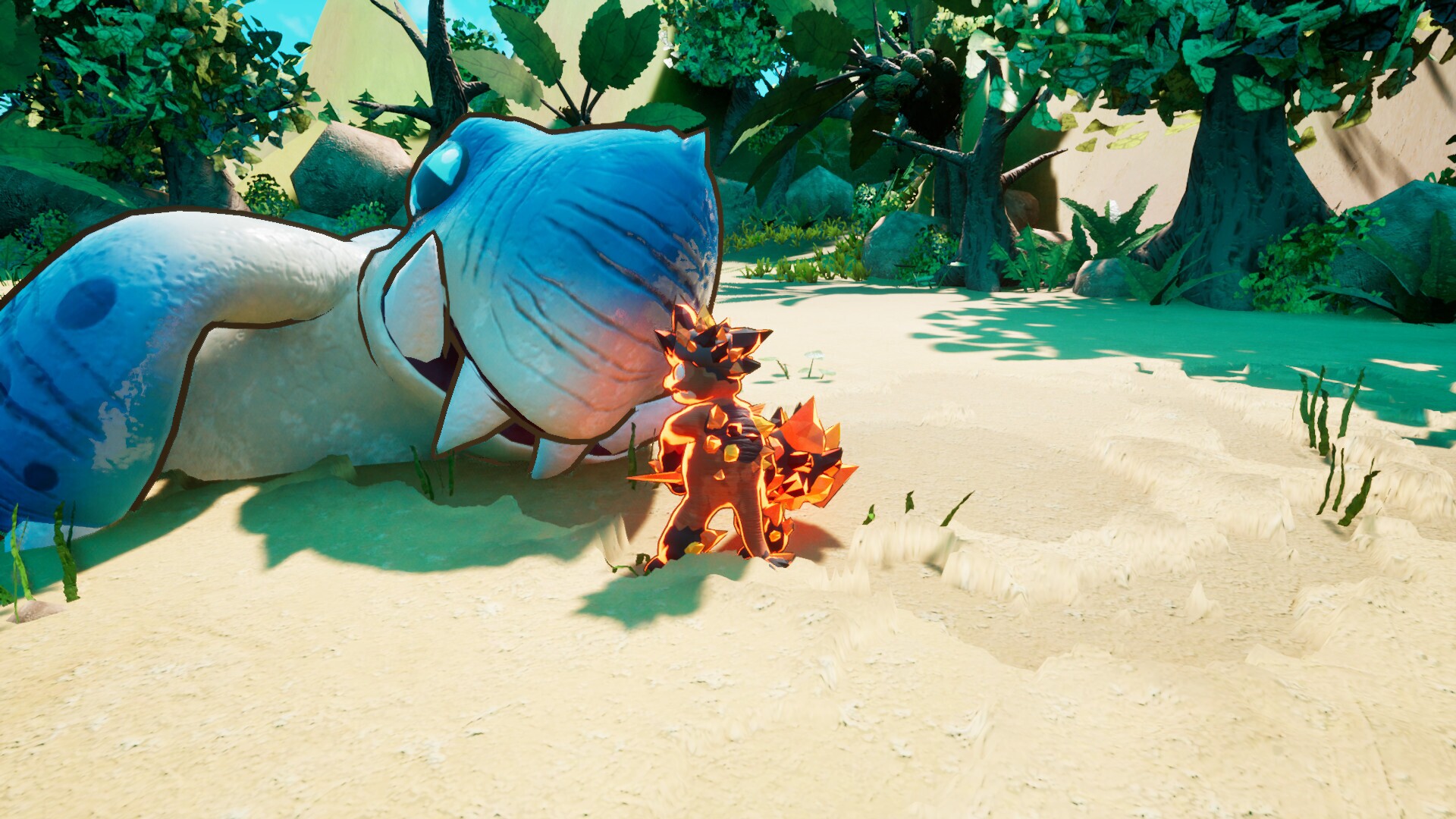Fiery creature and giant blue monster in Wilds Monster HD Wallpaper
