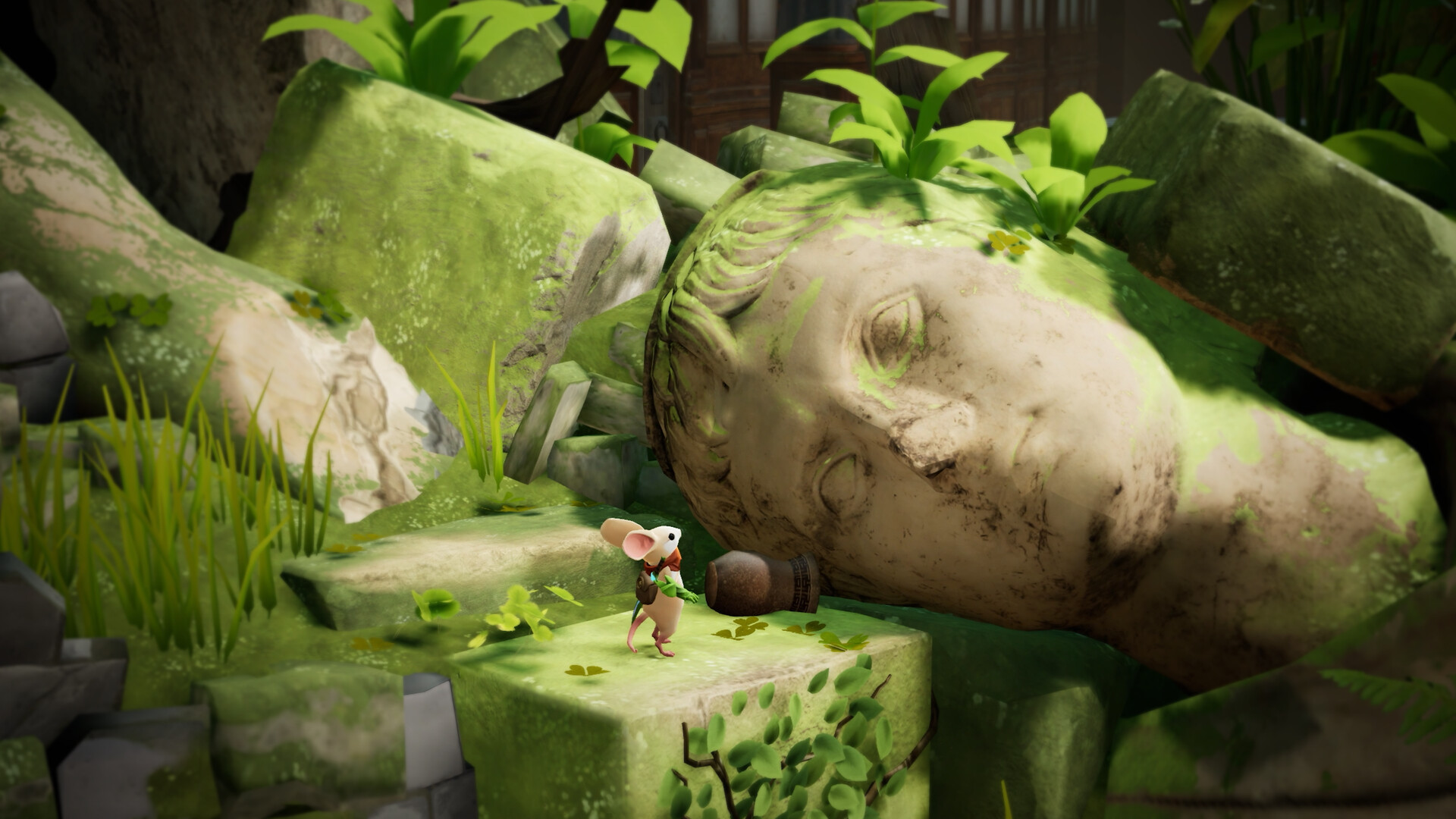 Quill next to giant stone head in Moss HD Wallpaper
