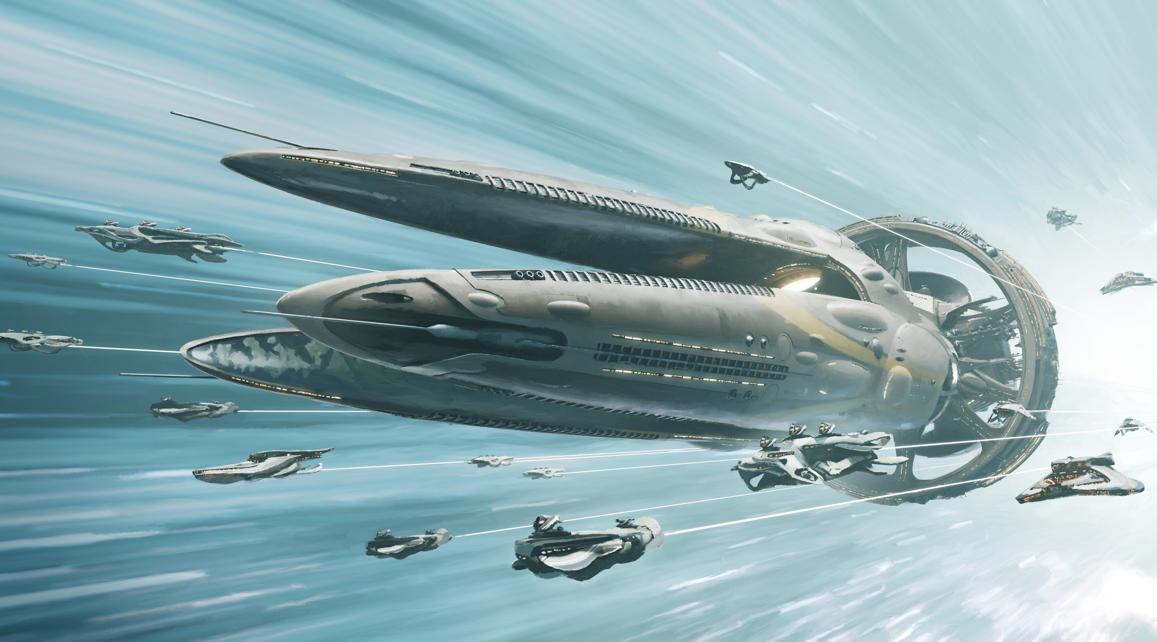 Futuristic Spaceship Fleet Traveling Through Hyperspace HD Wallpaper