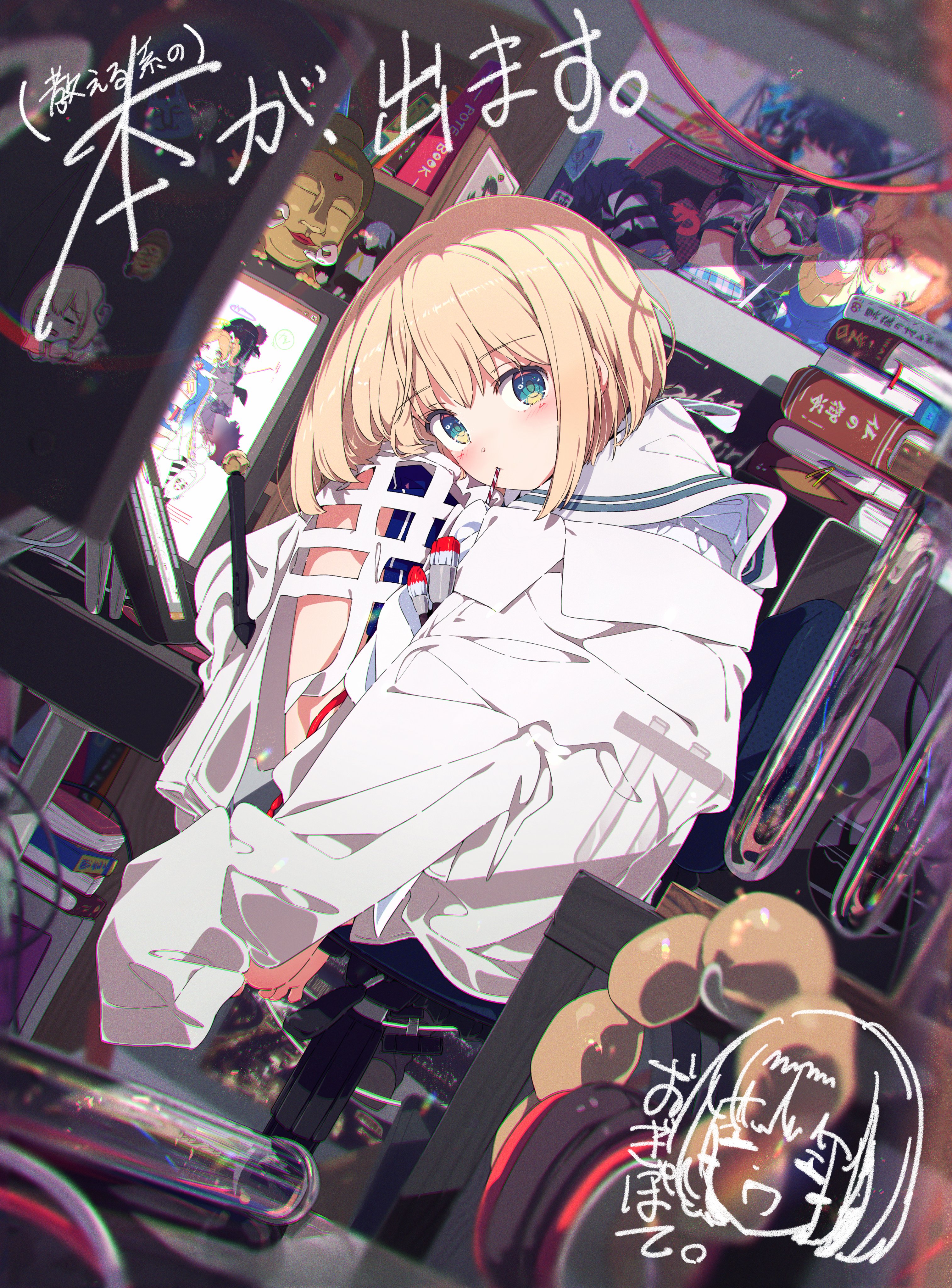 Original Anime Girl at Cluttered Desk by Ogipote HD Wallpaper