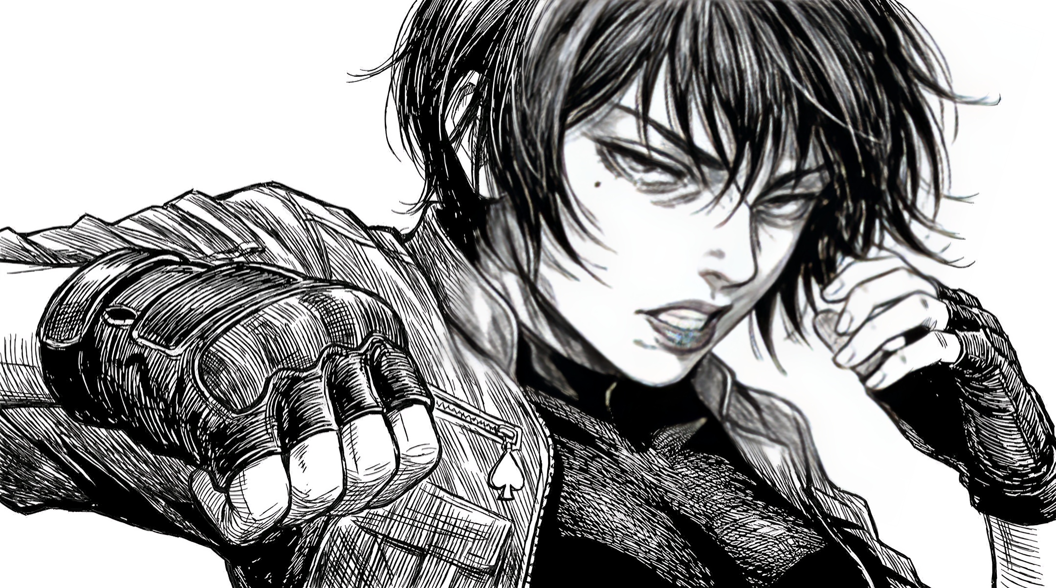 Black and White Anime Style Illustration of a Female Fighter HD Wallpaper