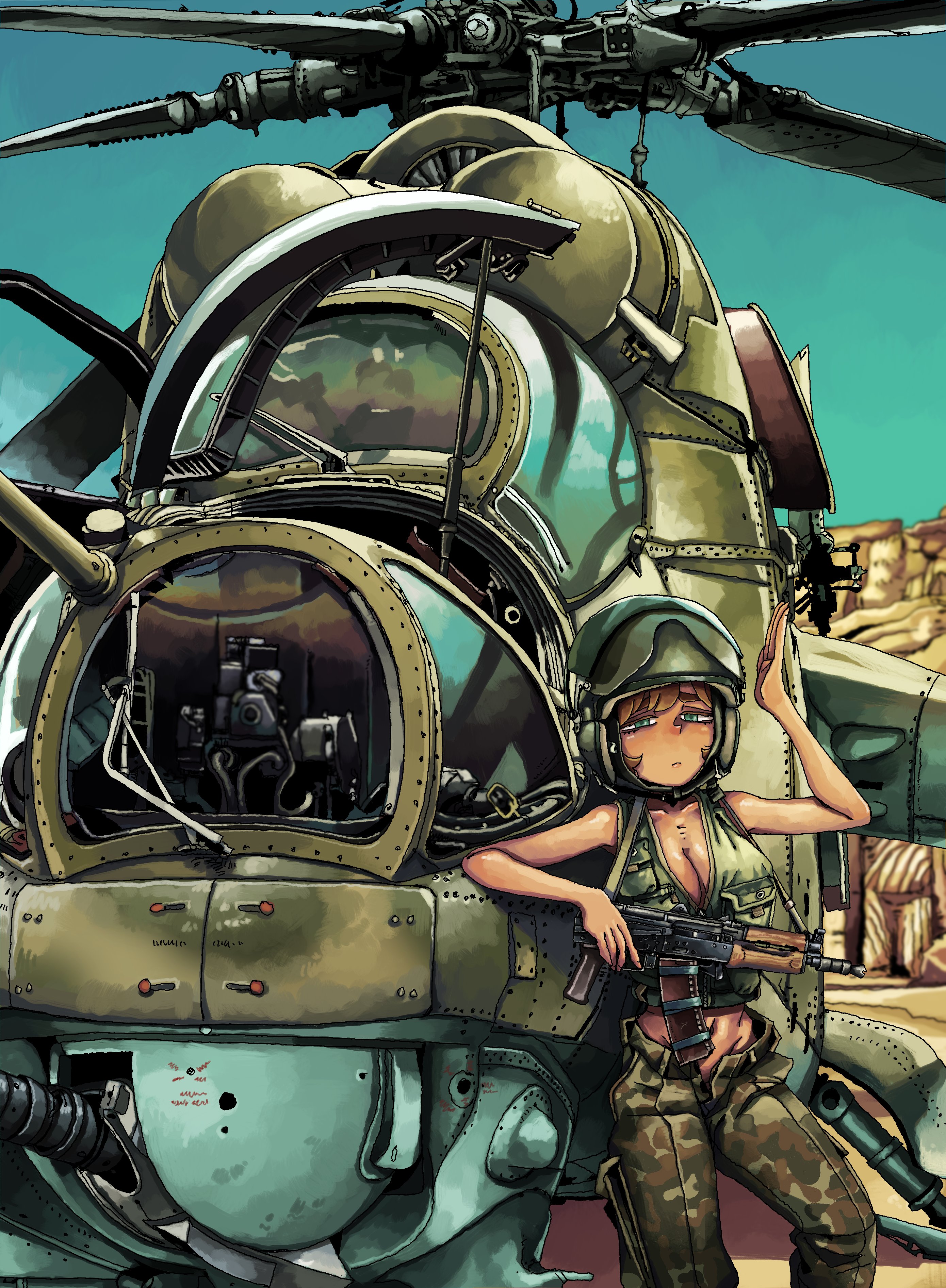Anime Military Girl Leaning Against Mi-24 Hind Helicopter HD Wallpaper