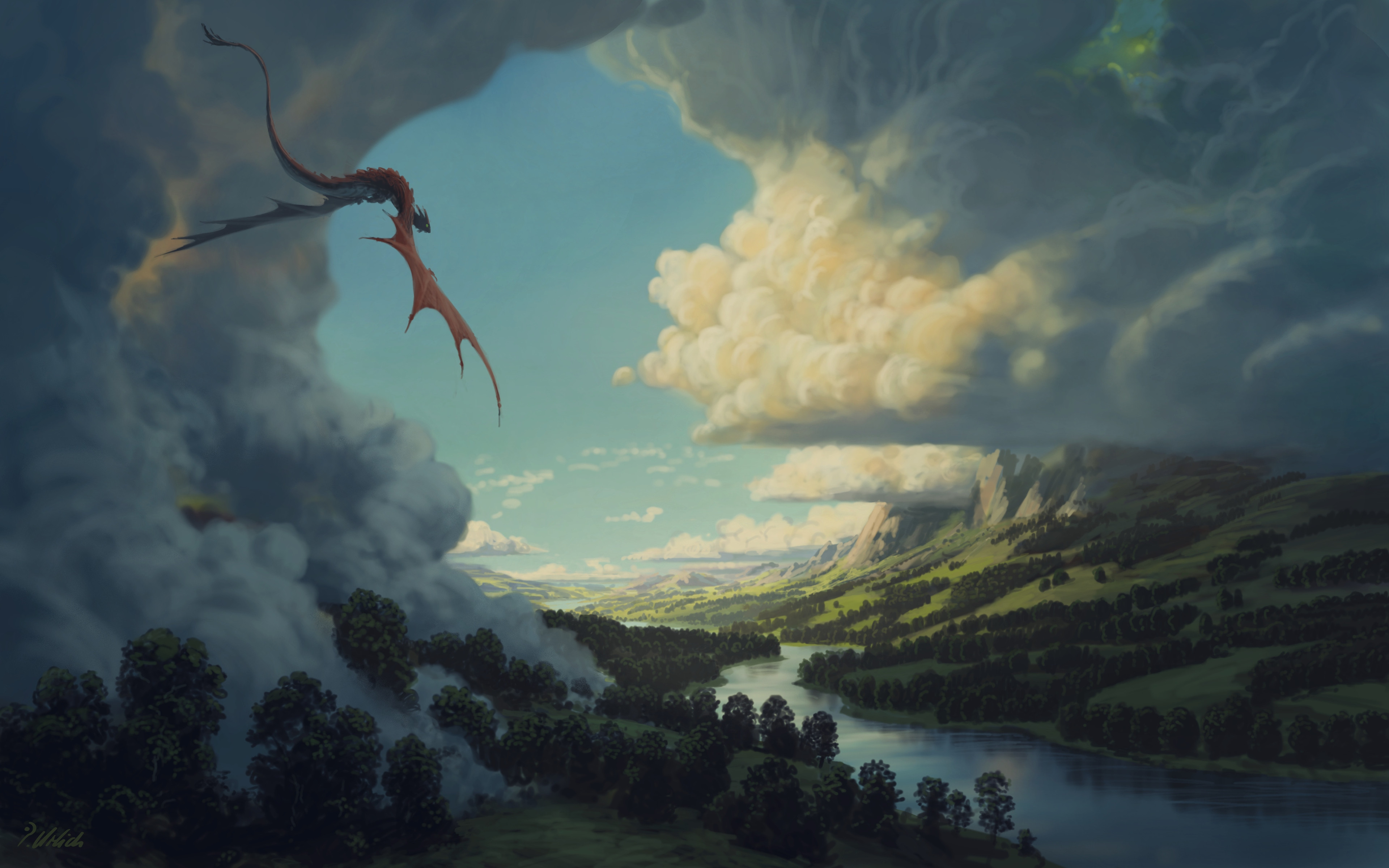 Red dragon flying over a lush river valley HD Wallpaper