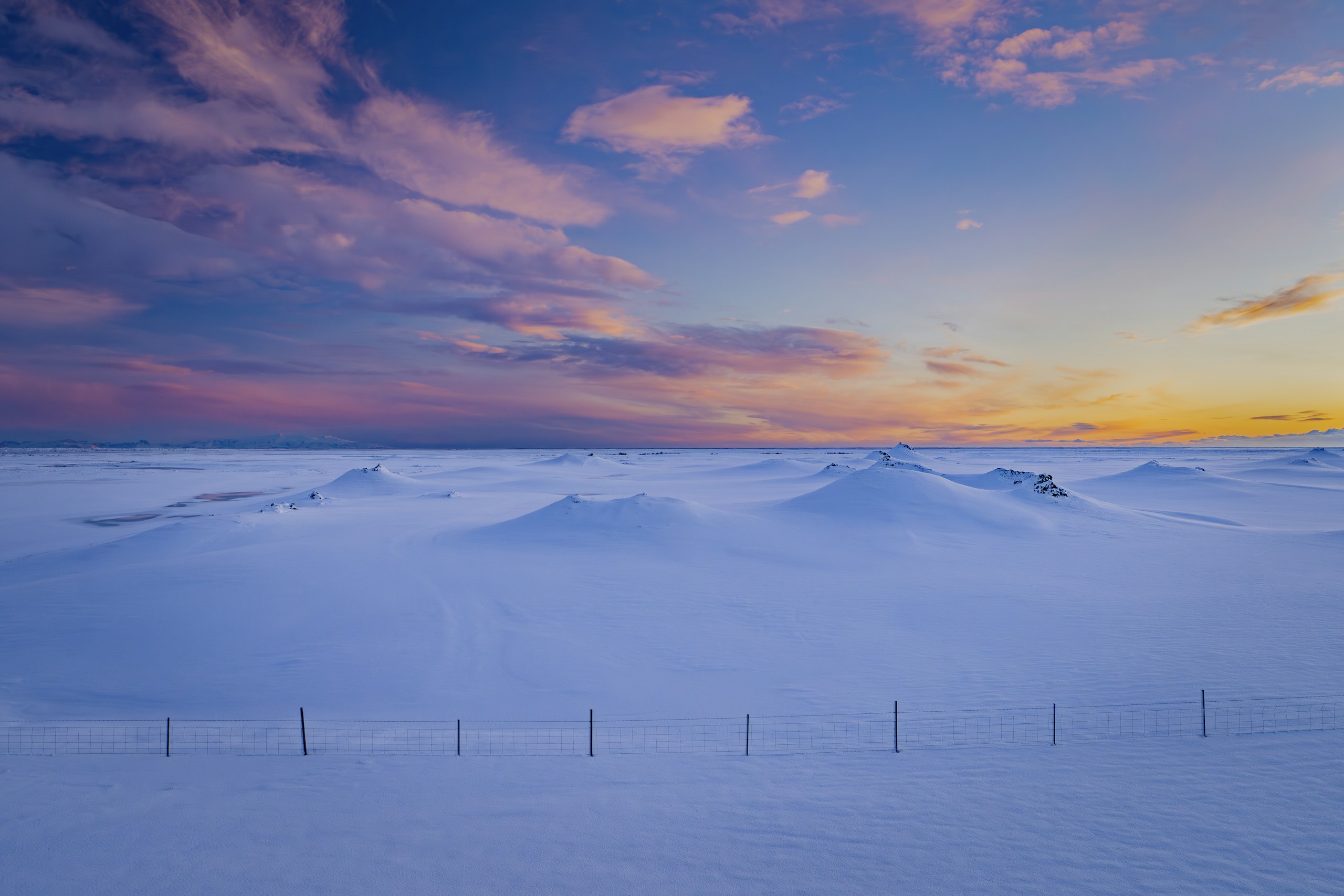 Snowy Winter Landscape at Sunset with Fence HD Wallpaper