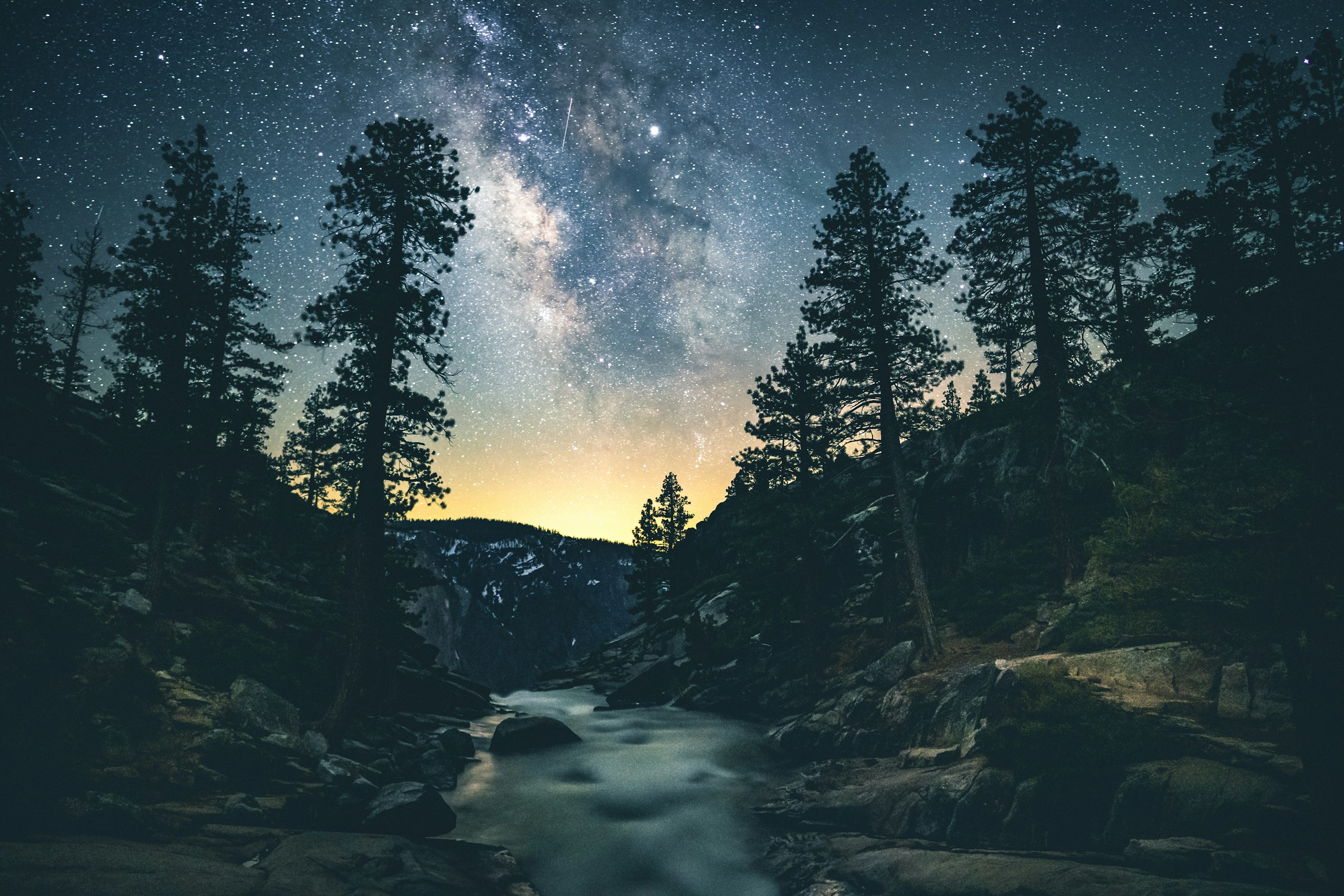 Milky Way galaxy over a river in a pine forest HD Wallpaper