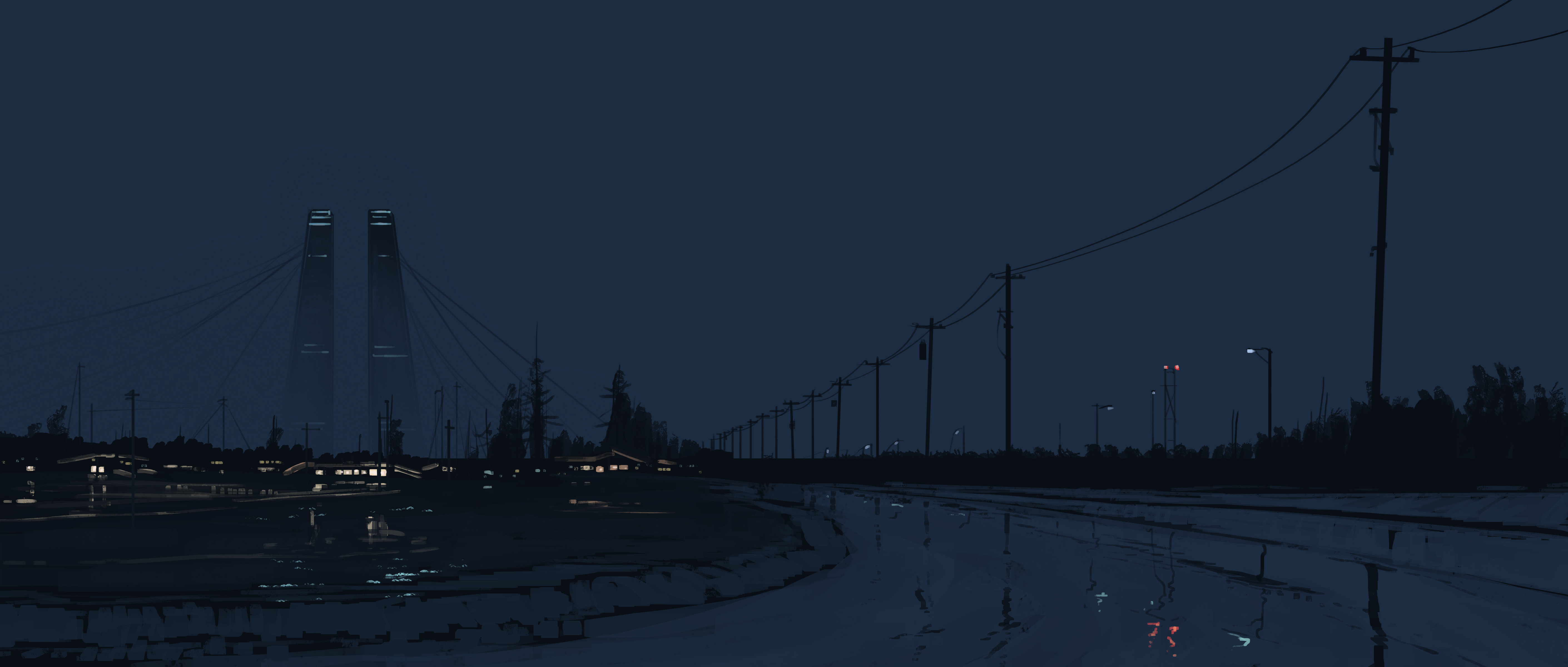 Dark night landscape with wet road and distant towers HD Wallpaper