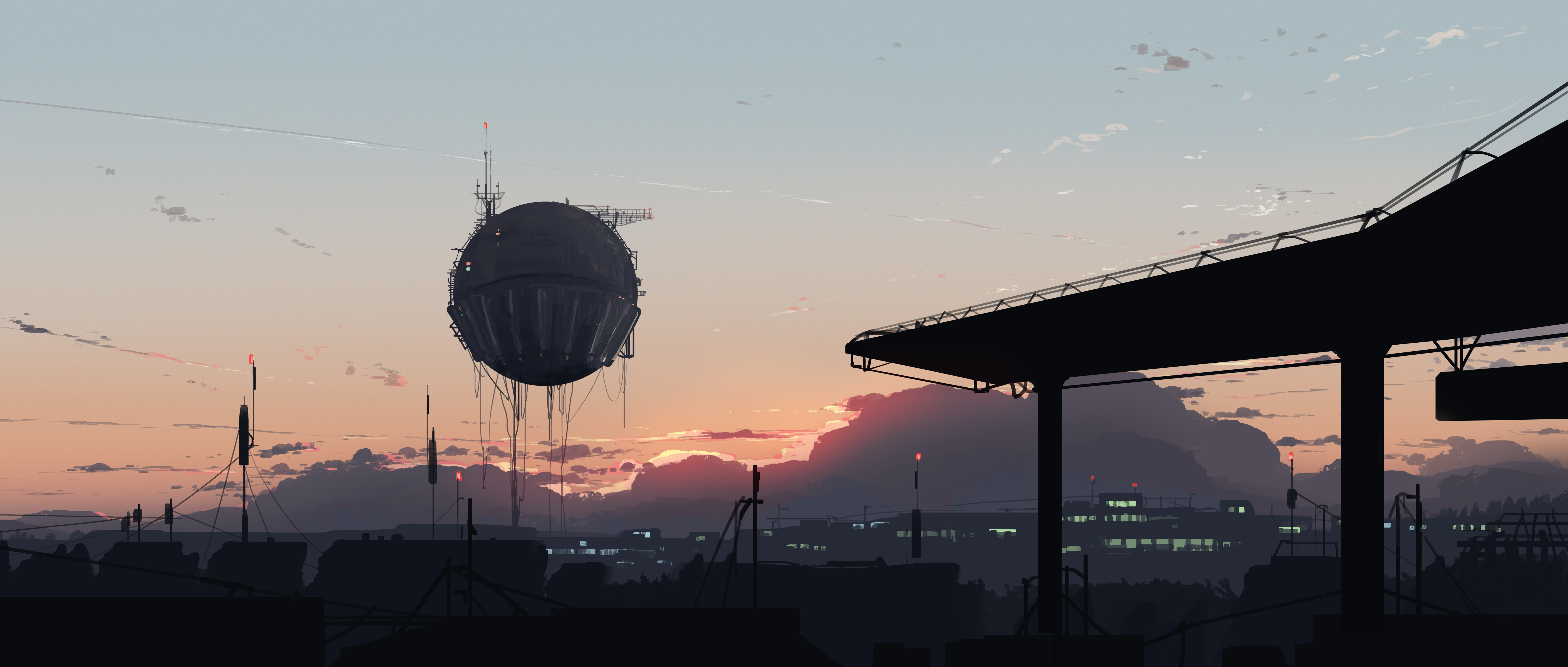 Floating Spherical Station Over City Skyline at Sunset HD Wallpaper