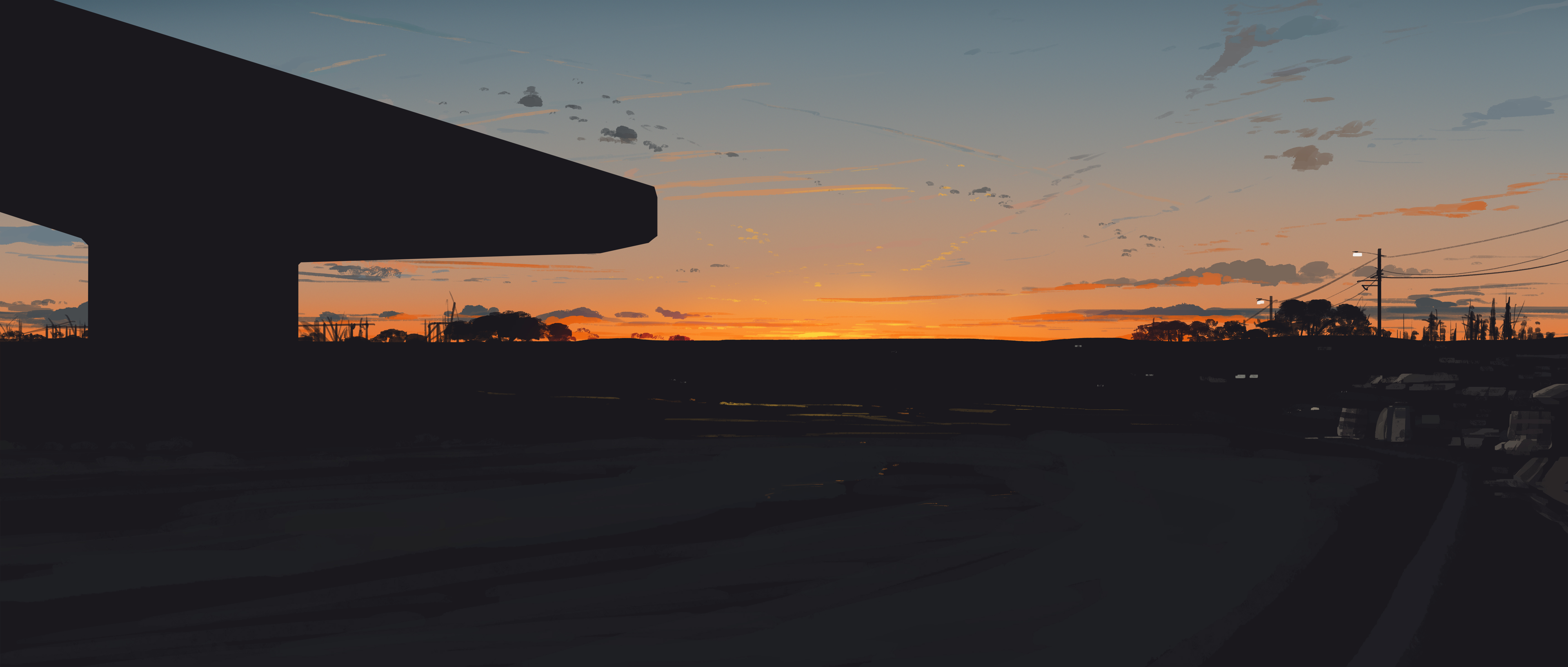 Minimalist sunset landscape with concrete structure silhouette HD Wallpaper