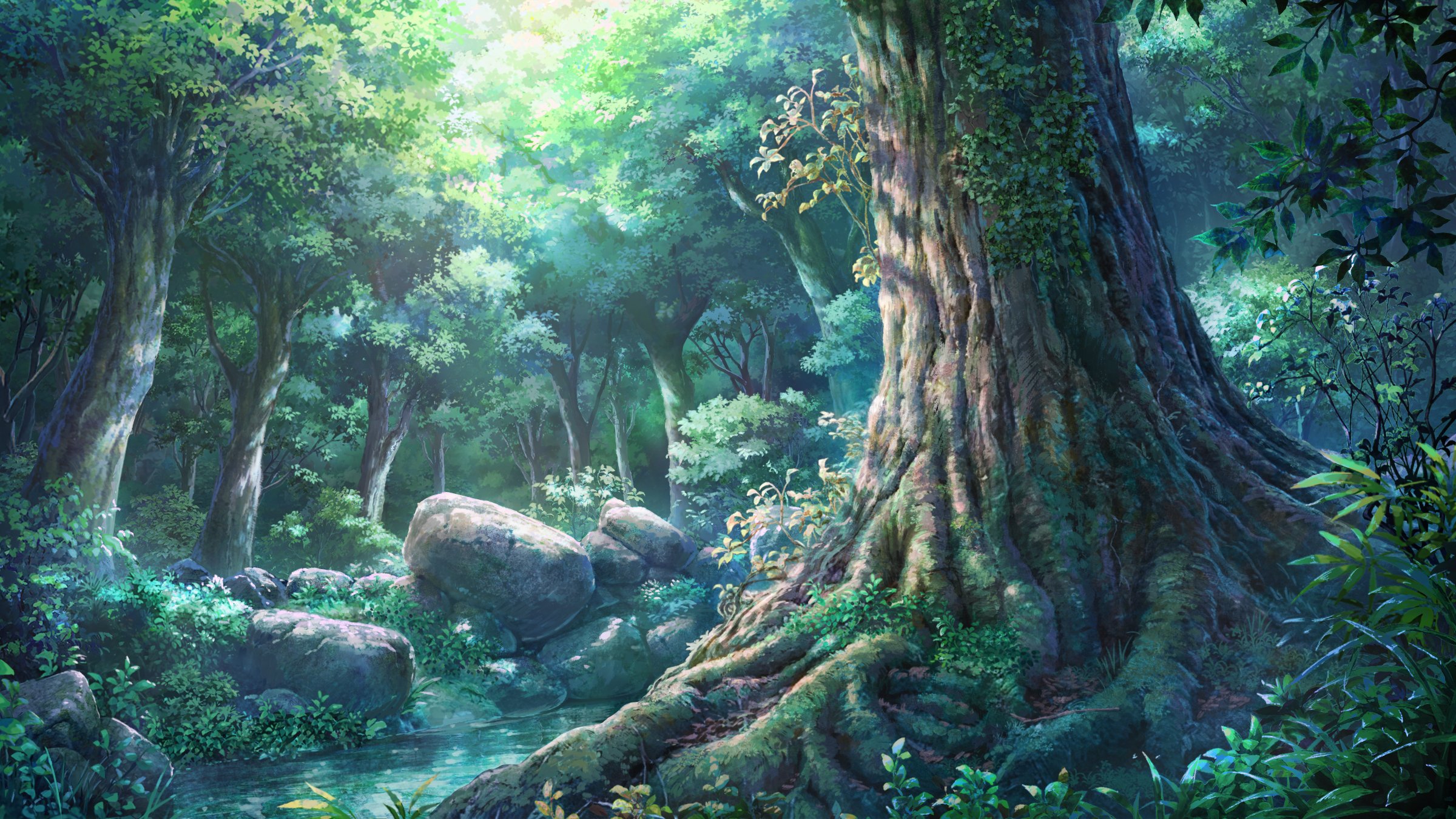 Lush Green Anime Forest with Giant Mossy Tree HD Wallpaper