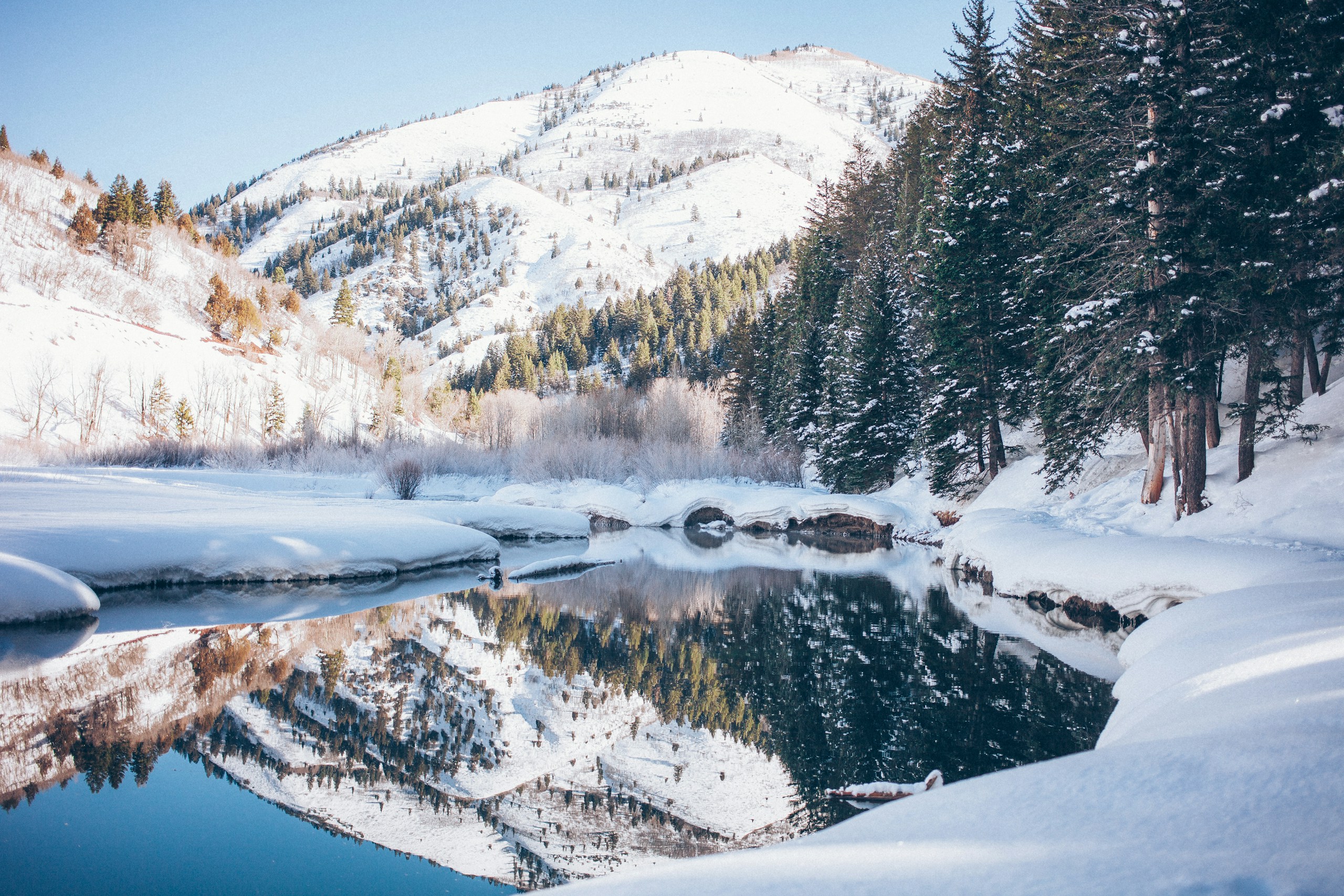 Snowy Mountain and Forest Reflected in Calm River HD Wallpaper
