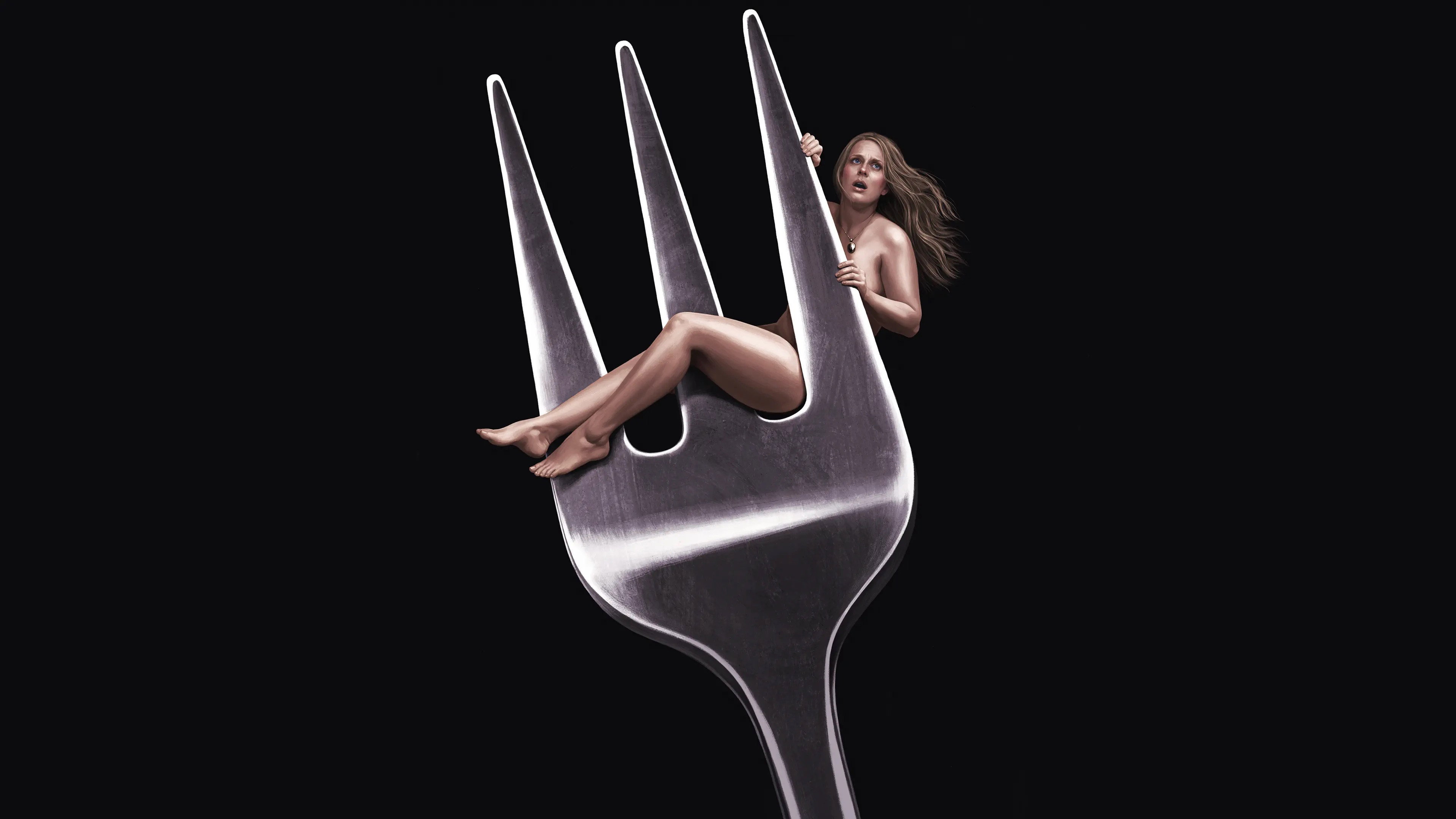 Woman clinging to a giant fork in Maddie's Secret HD Wallpaper