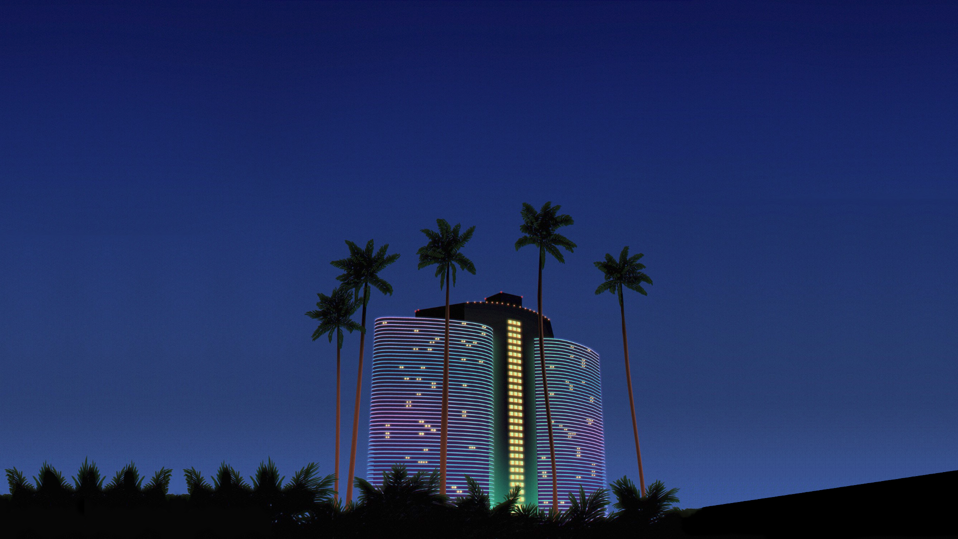 Retro Neon Hotel and Palm Trees at Night HD Wallpaper