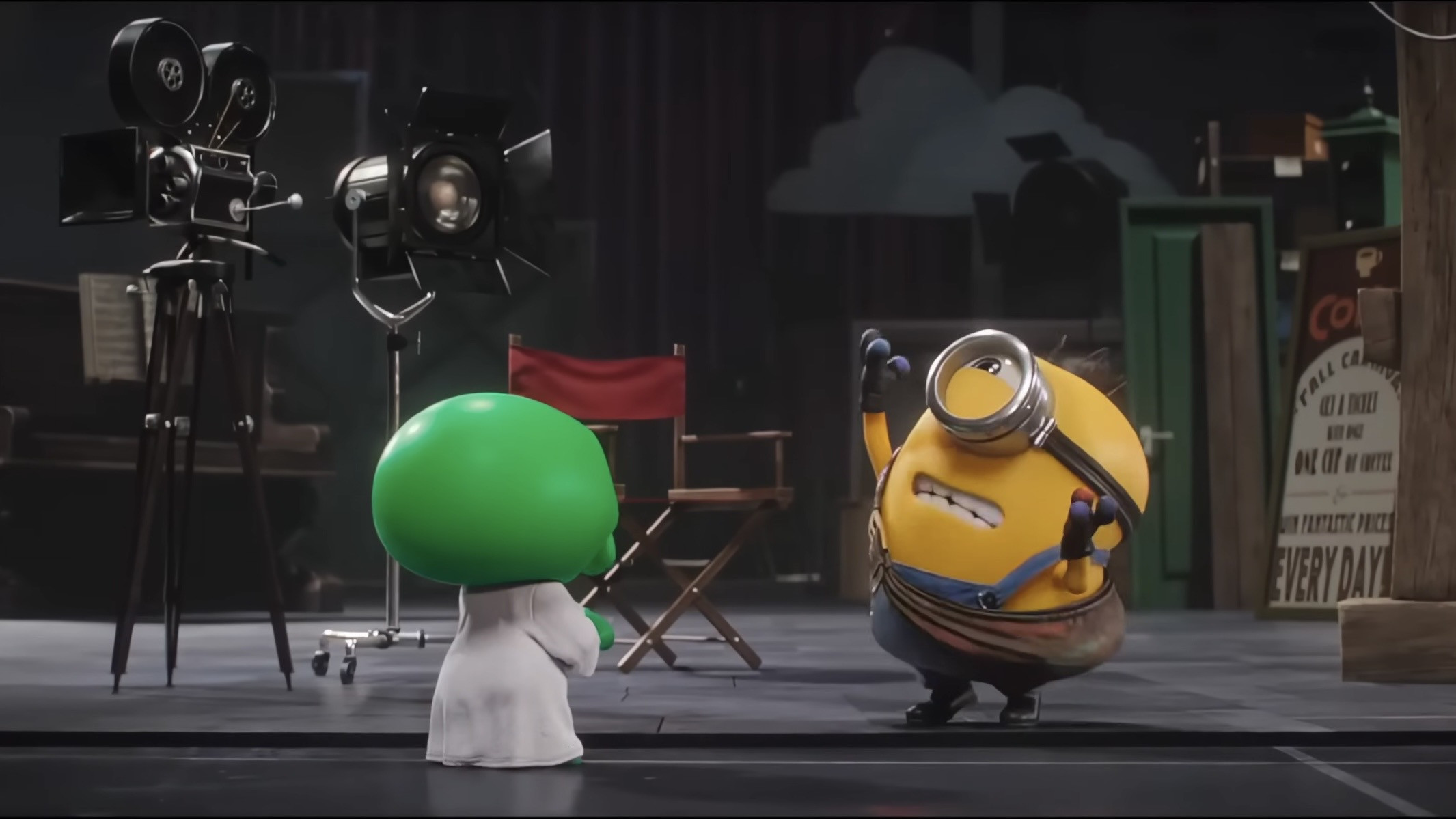 Minion and Green Monster on Movie Set HD Wallpaper