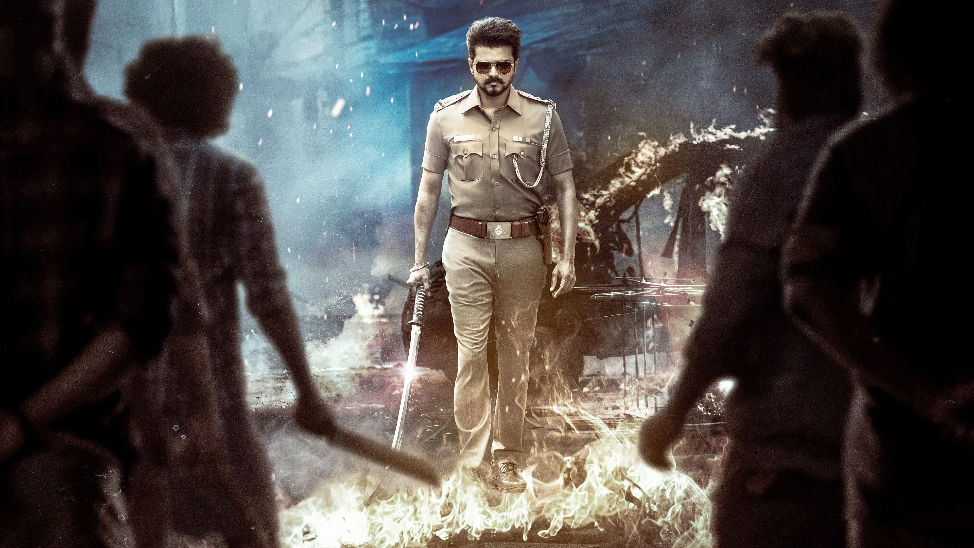 Actor Vijay as a Police Officer holding a Sword HD Wallpaper