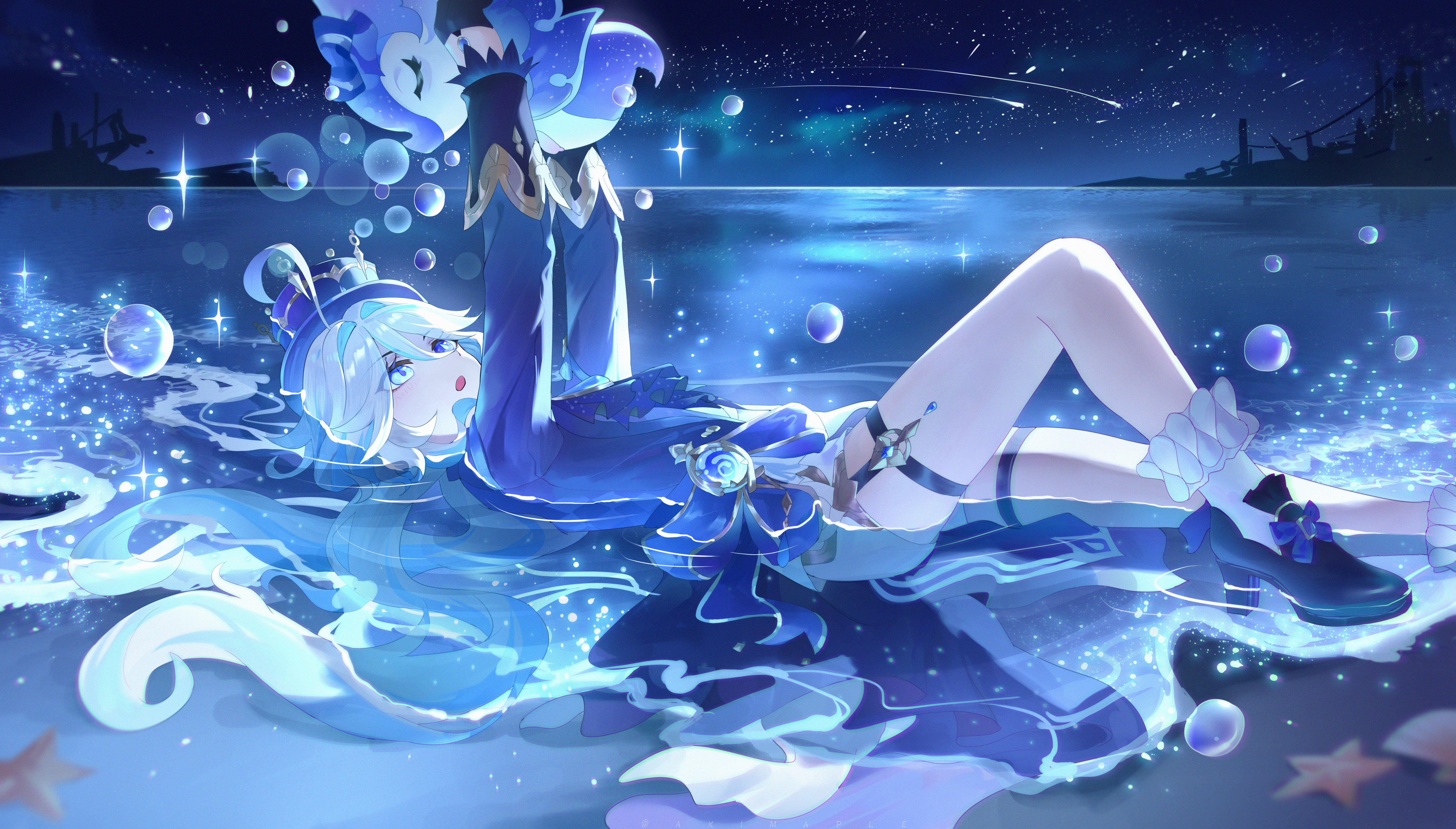 Furina from Genshin Impact Lying on the Beach HD Wallpaper