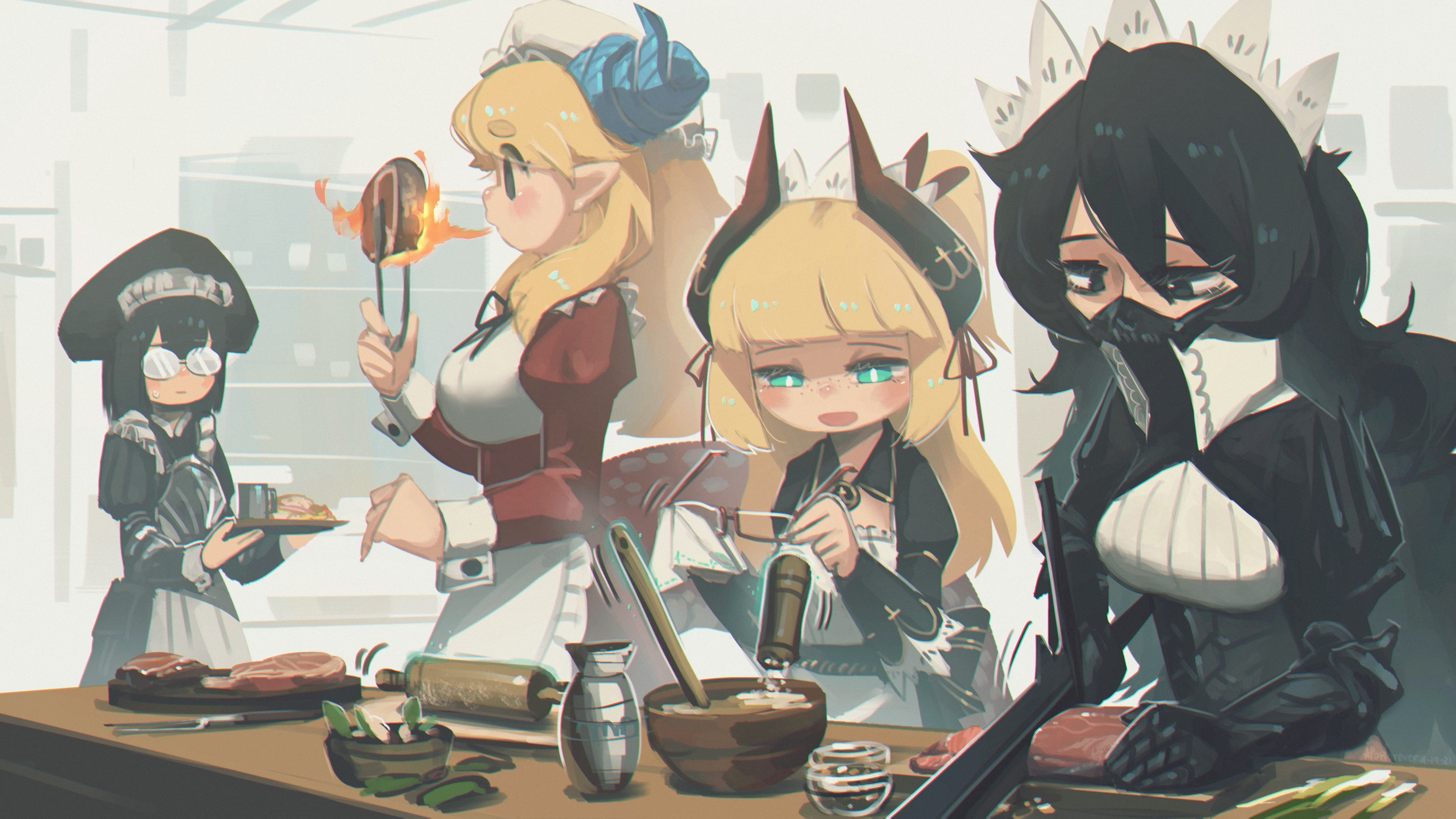 Anime Maids Cooking in a Kitchen by Porforever HD Wallpaper