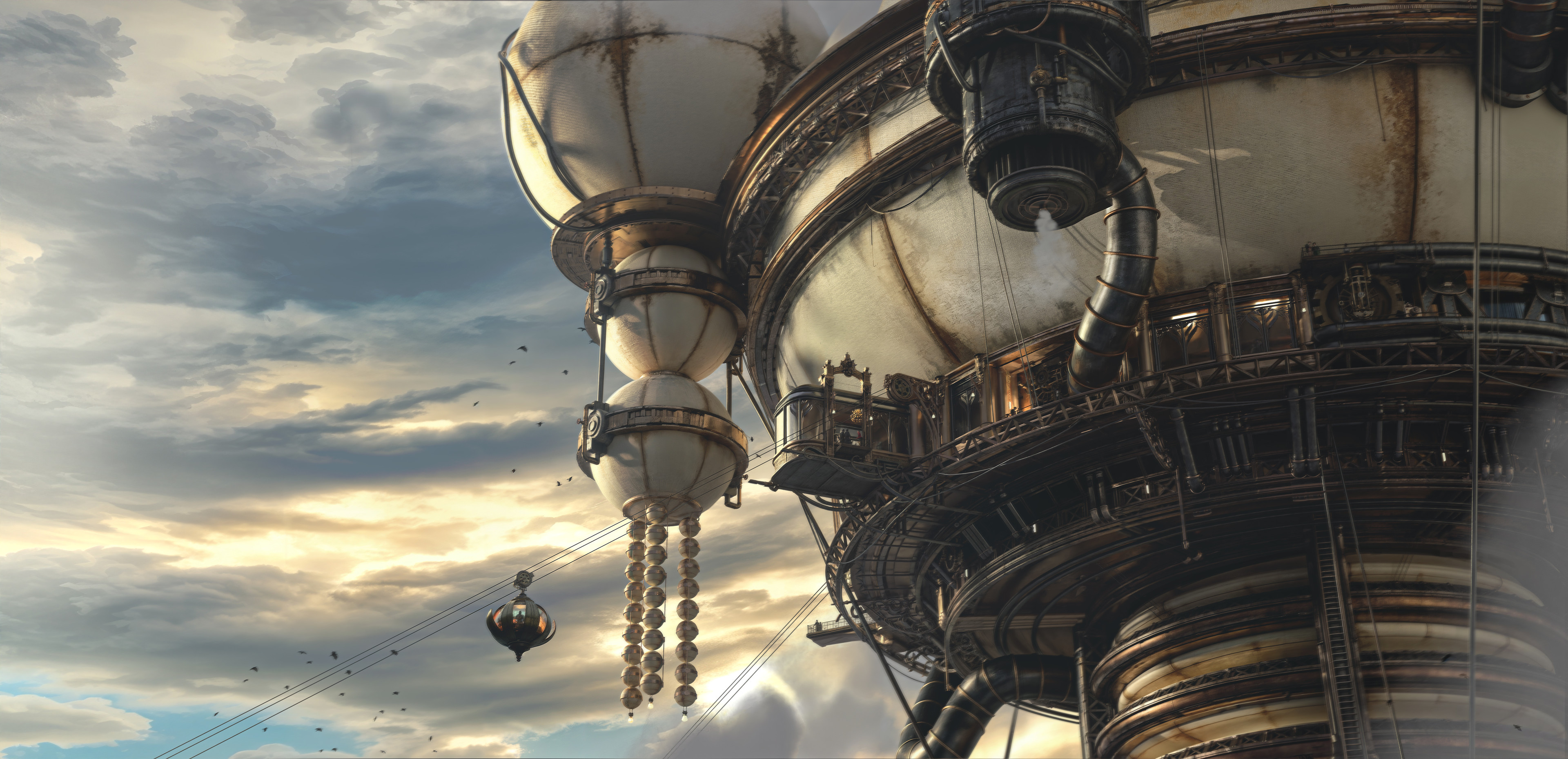 Steampunk Floating Station and Airship in Cloudy Sky HD Wallpaper