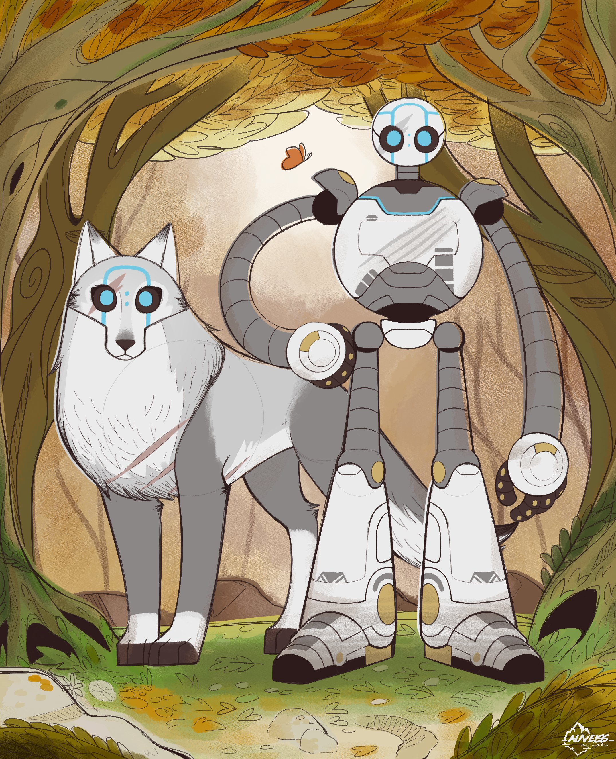 Robot and Wolf in Autumn Forest HD Wallpaper