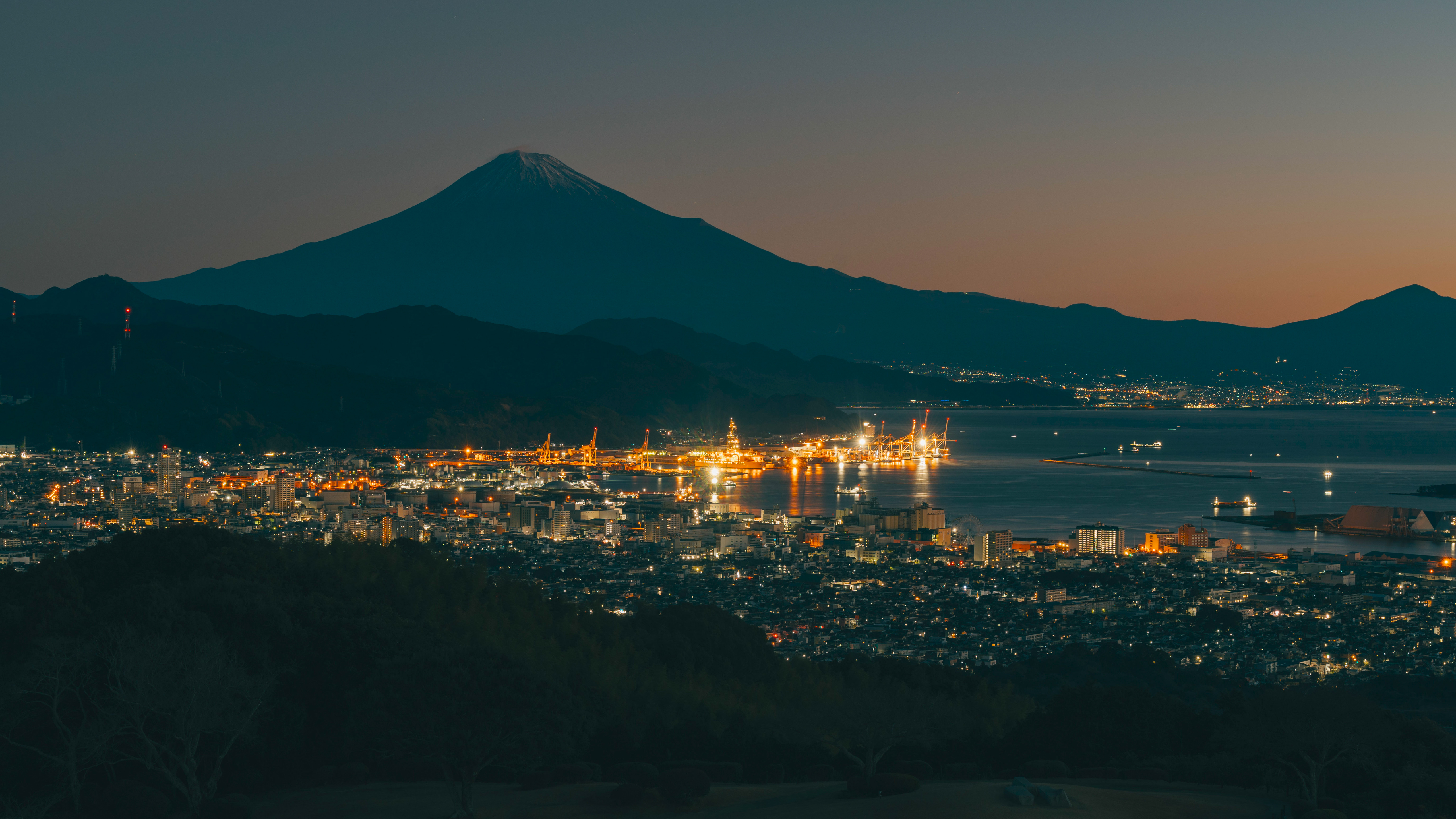 Mount Fuji and Shimizu Port at Night HD Wallpaper