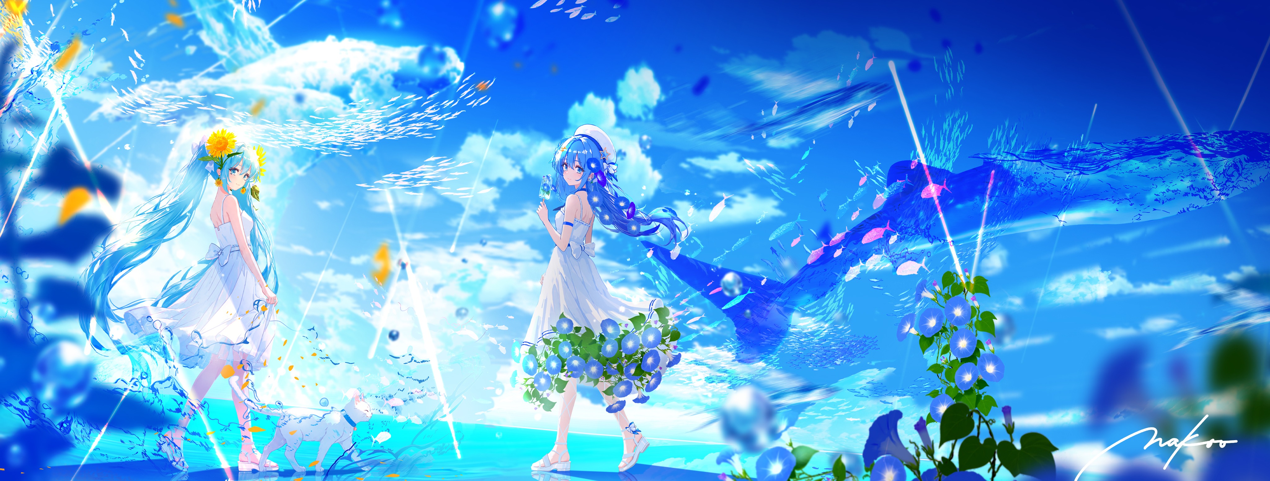 Hatsune Miku and Hoshimachi Suisei in Blue Sky HD Wallpaper