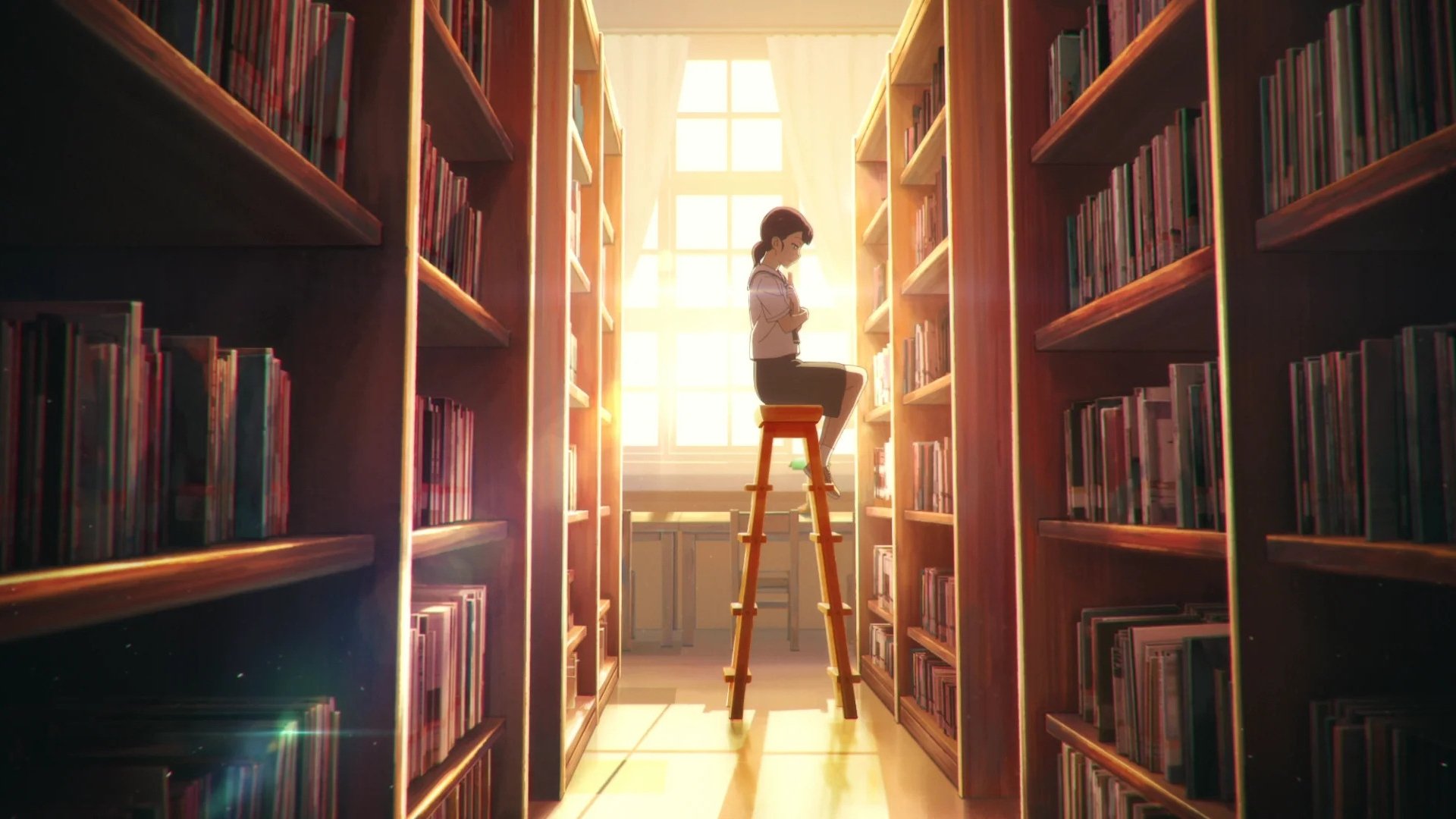 Sori Lee on a ladder in a library from Your Letter HD Wallpaper