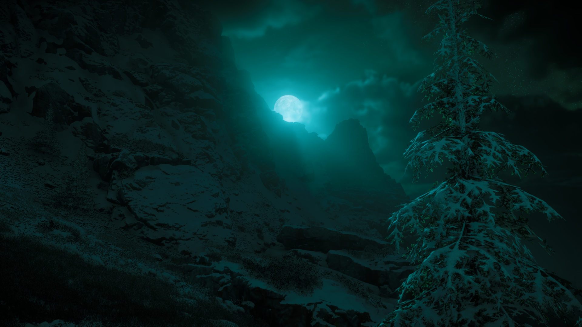 Snowy mountain landscape under a glowing green moon HD Wallpaper