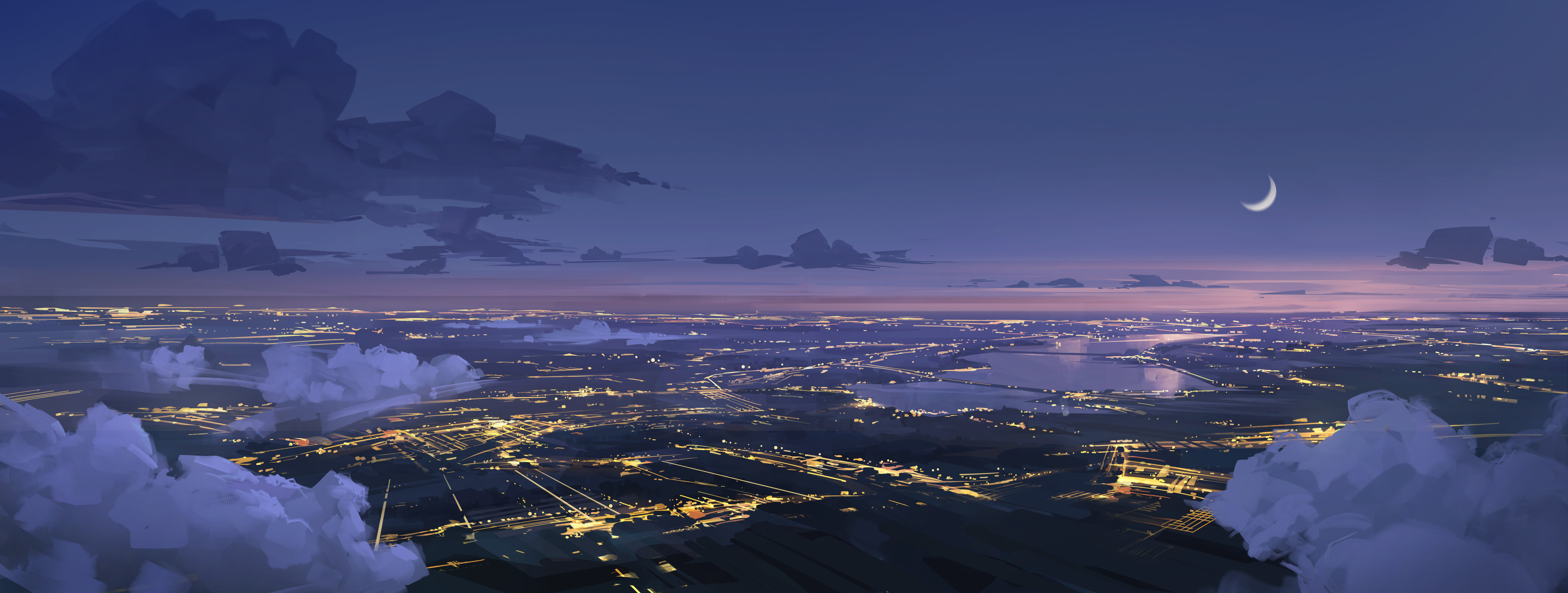 City Lights at Night Under a Crescent Moon HD Wallpaper