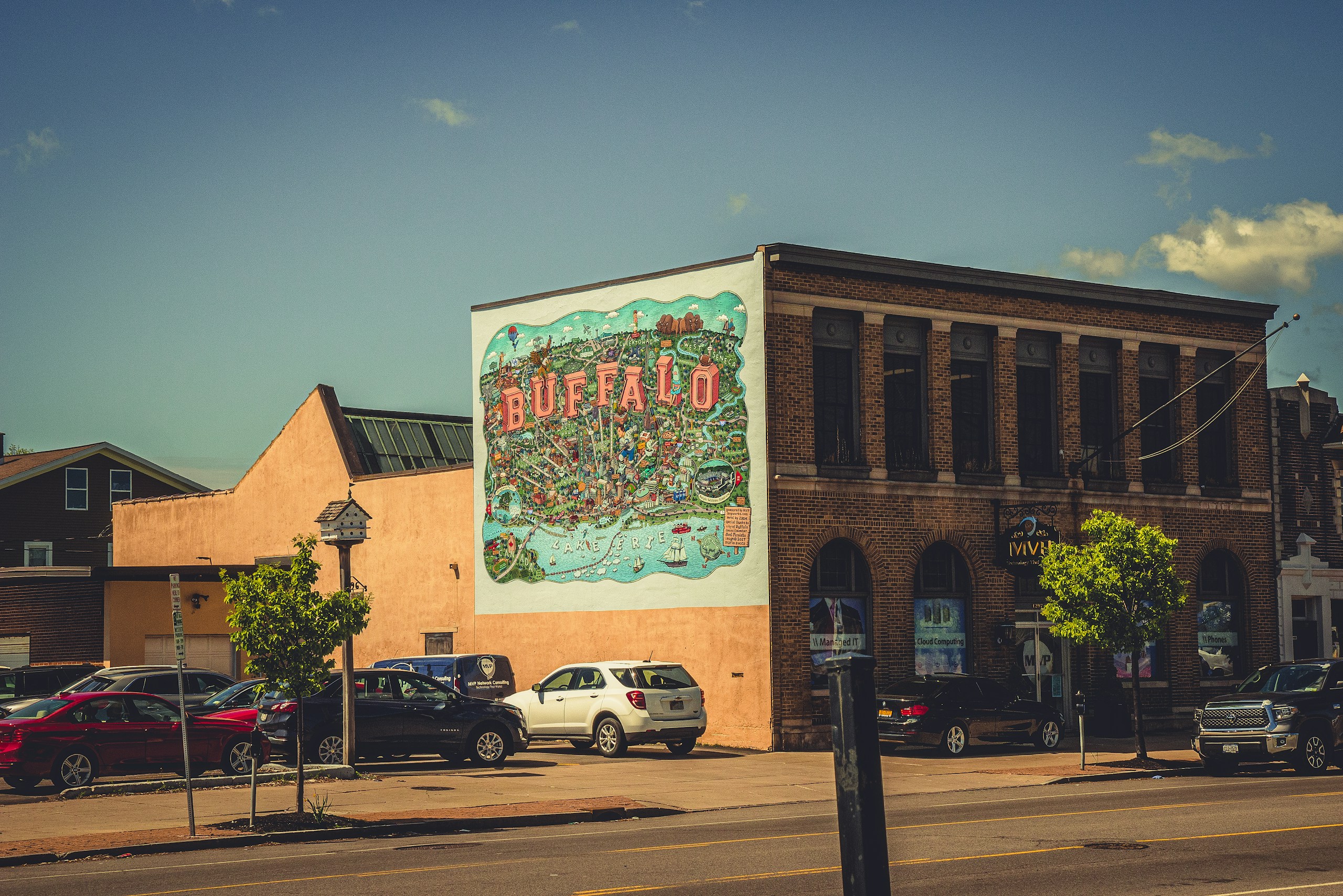 Buffalo Mural on Brick Building with Parked Cars HD Wallpaper