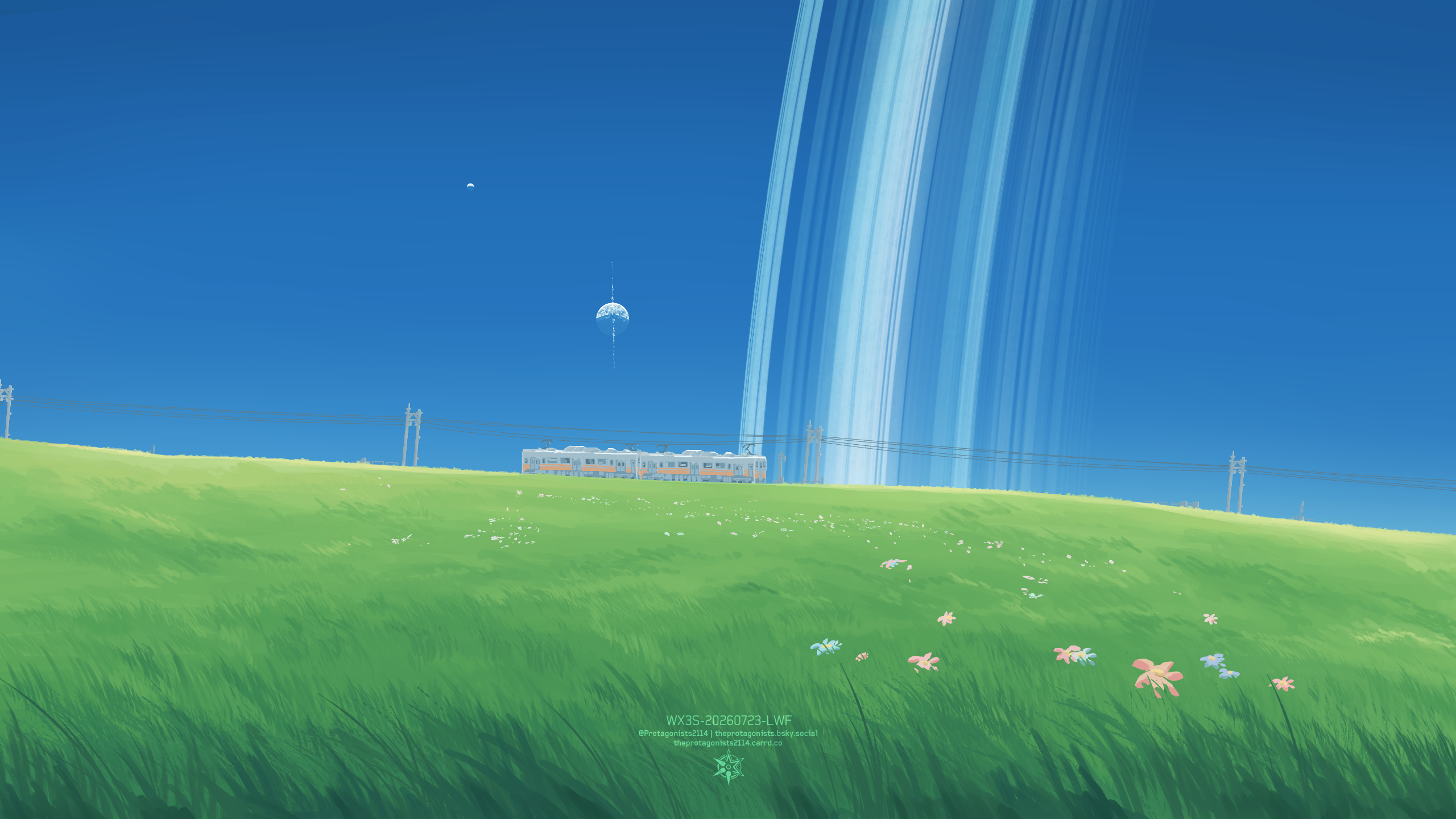 Train on a grassy hill under planetary rings HD Wallpaper