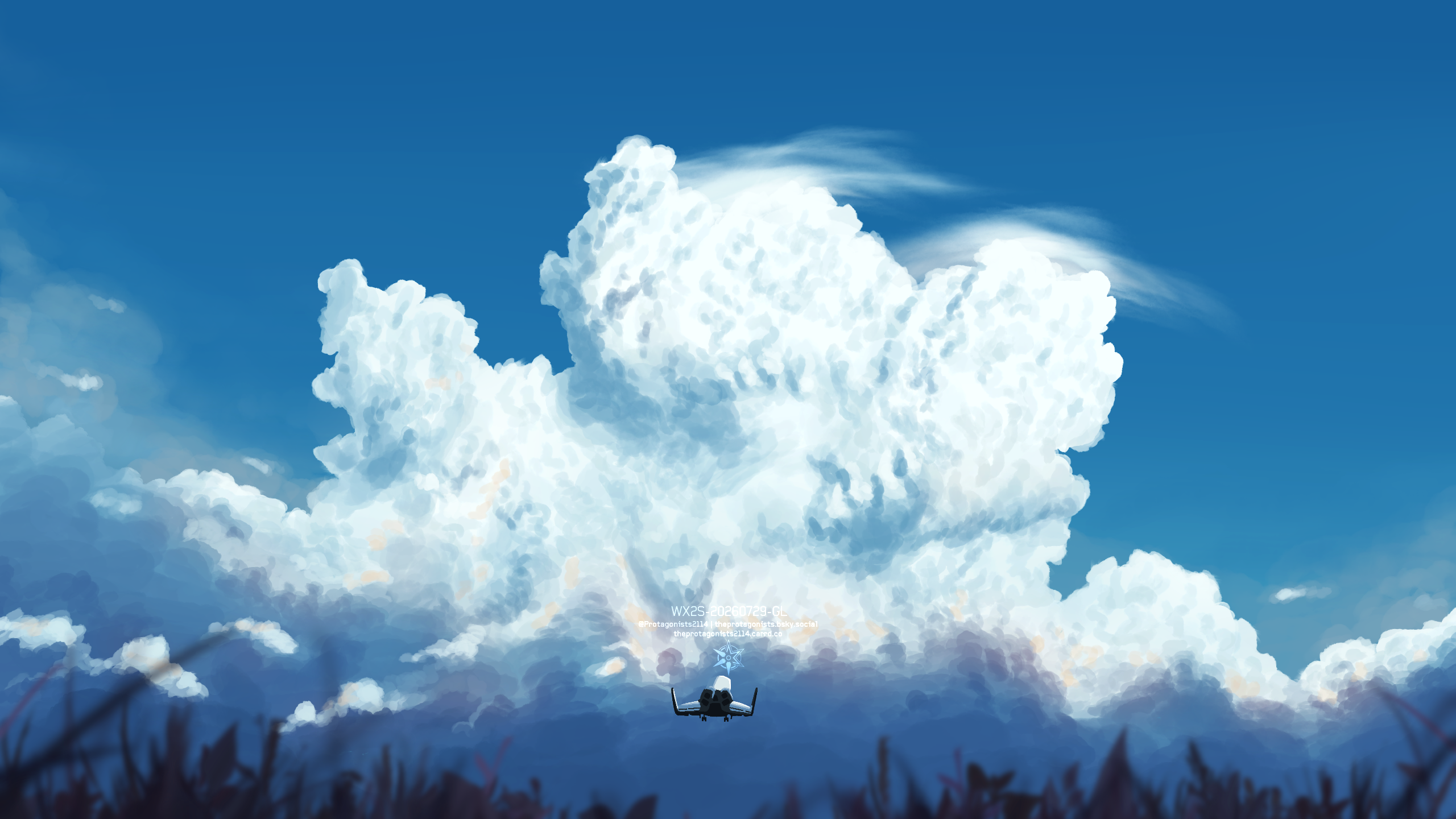 Futuristic aircraft flying towards massive cumulus clouds HD Wallpaper