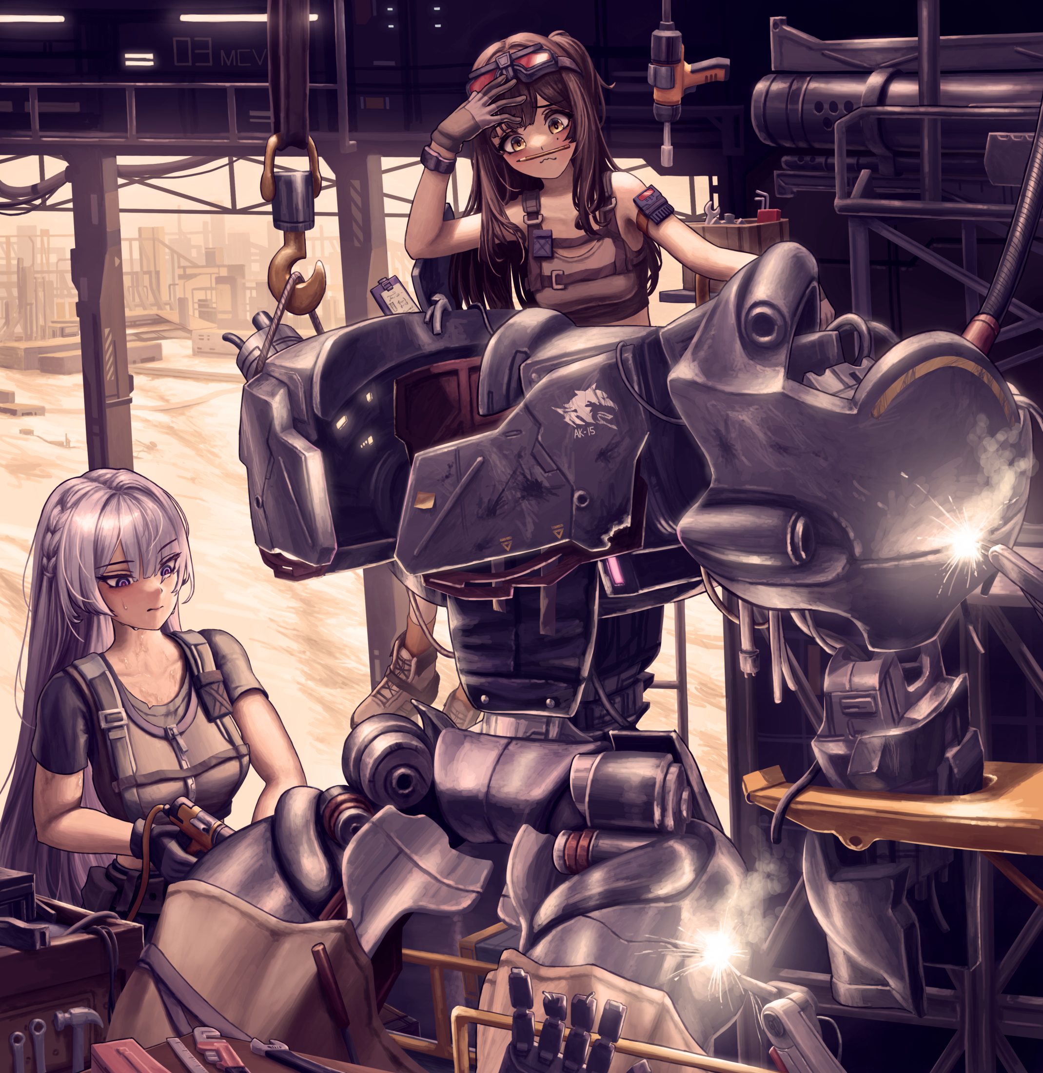 Girls' Frontline Characters Repairing AK-15 Mech Suit HD Wallpaper