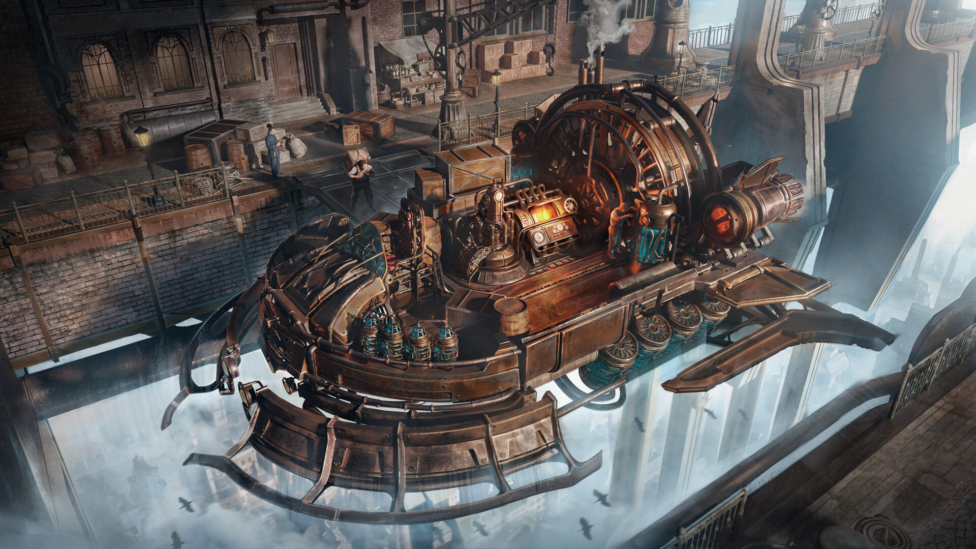 Steampunk airship docked at a high-altitude warehouse HD Wallpaper