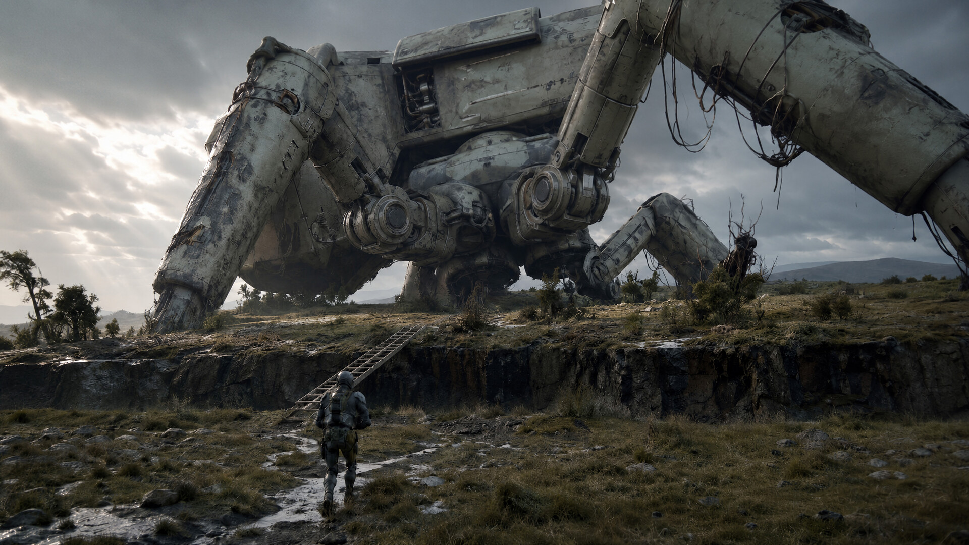 Armored soldier approaching a giant rusted mechanical walker HD Wallpaper