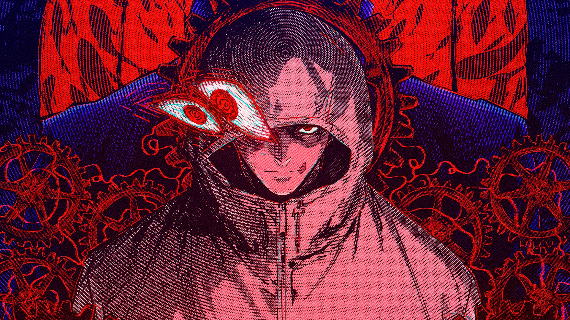 Hooded Anime Character with Stylized Eyes and Gears HD Wallpaper