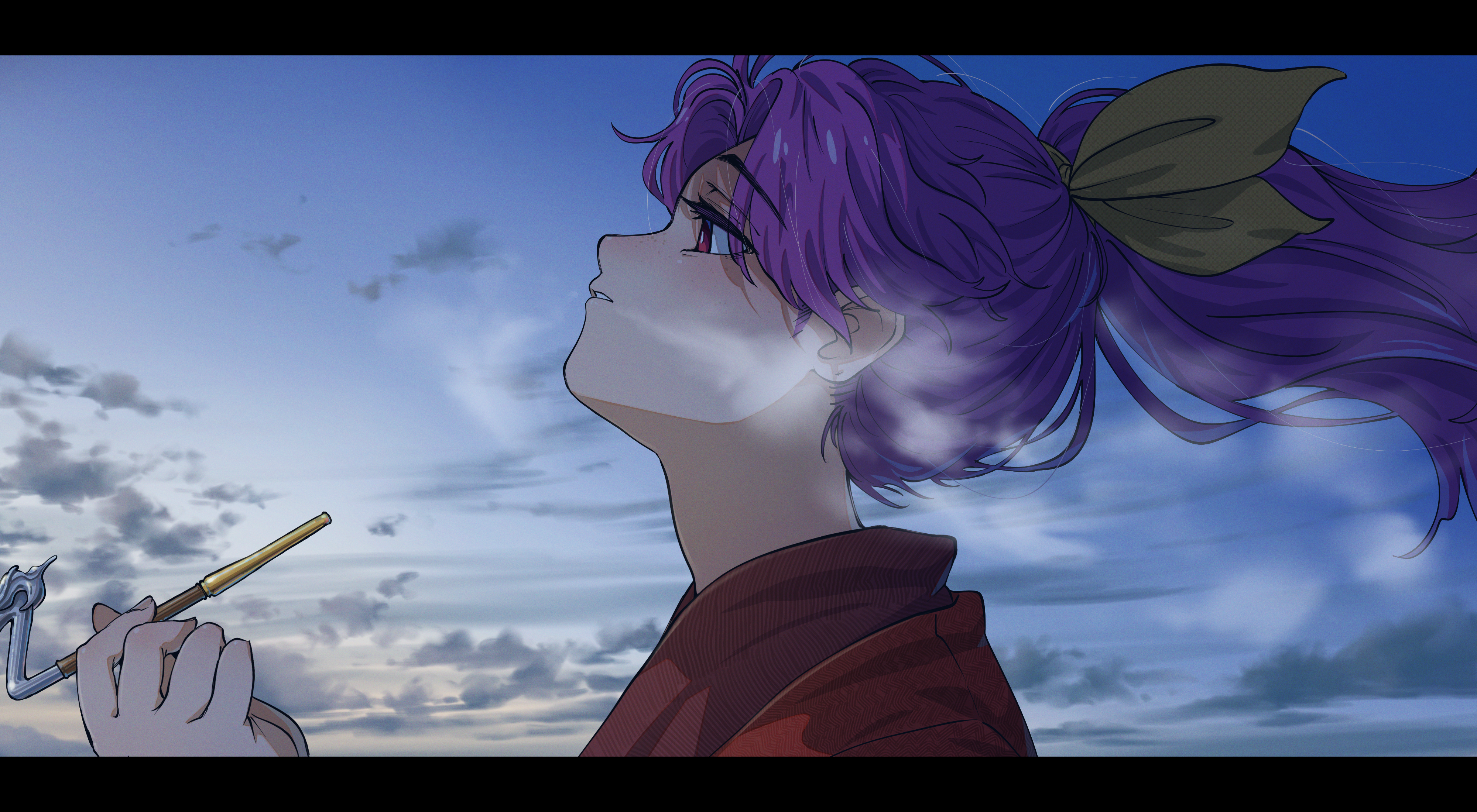 Anime Girl with Purple Hair Holding a Kiseru Pipe HD Wallpaper