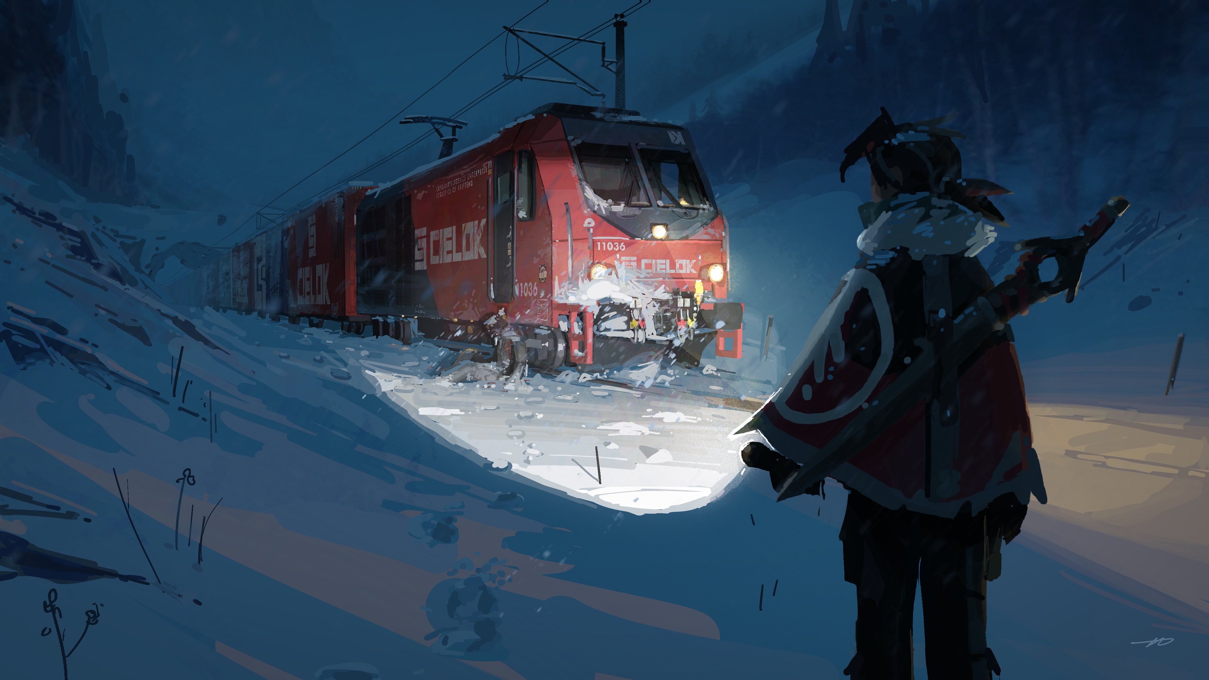 Character watching a red train in a snowy landscape HD Wallpaper